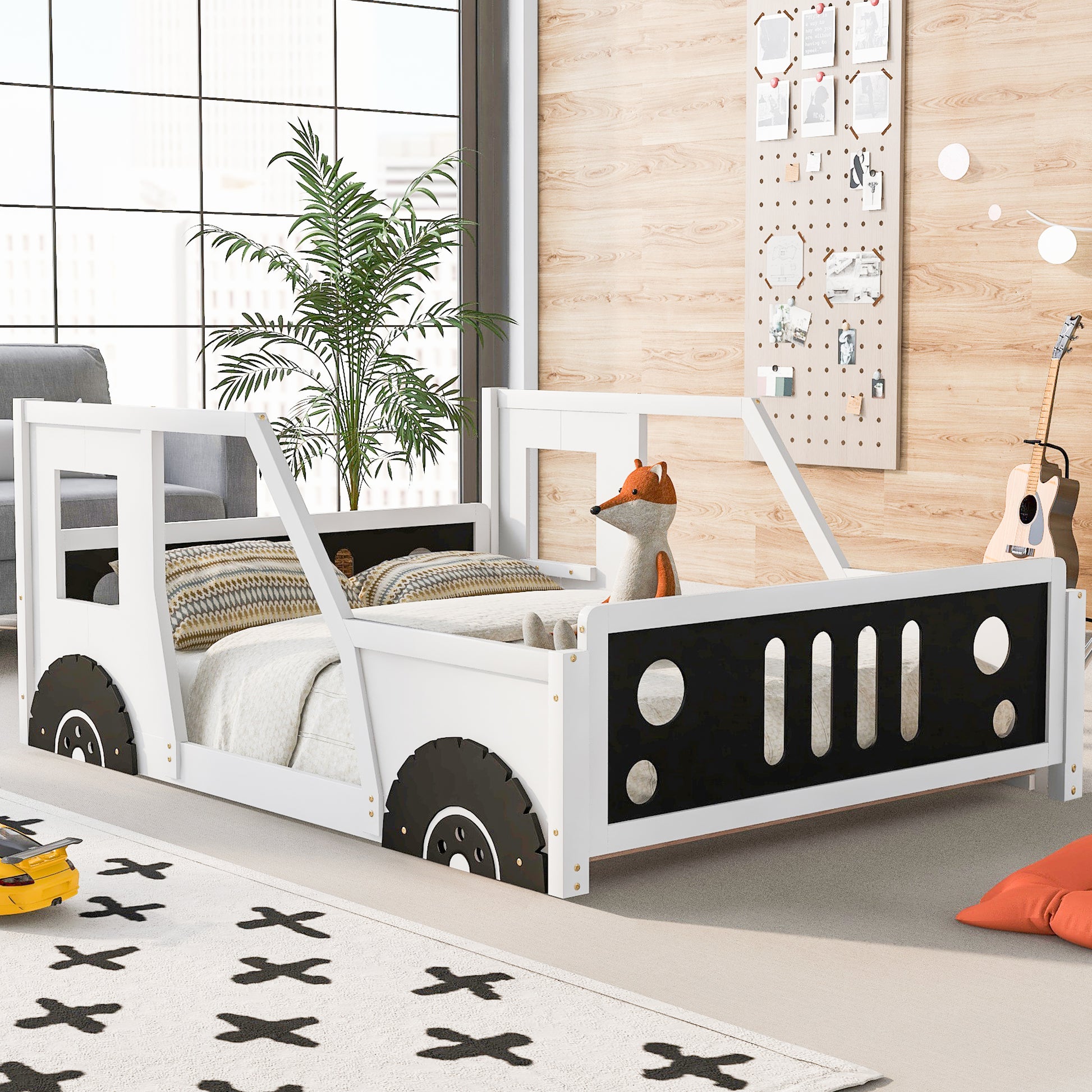 Full Size Classic Car Shaped Platform Bed With Wheels,White White Pine