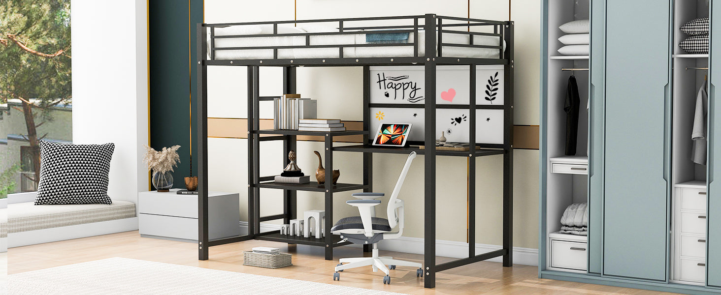 Twin Size Loft Bed With Desk And Whiteboard, Metal Loft Bed With 3 Shelves And Ladder, Black Black Steel