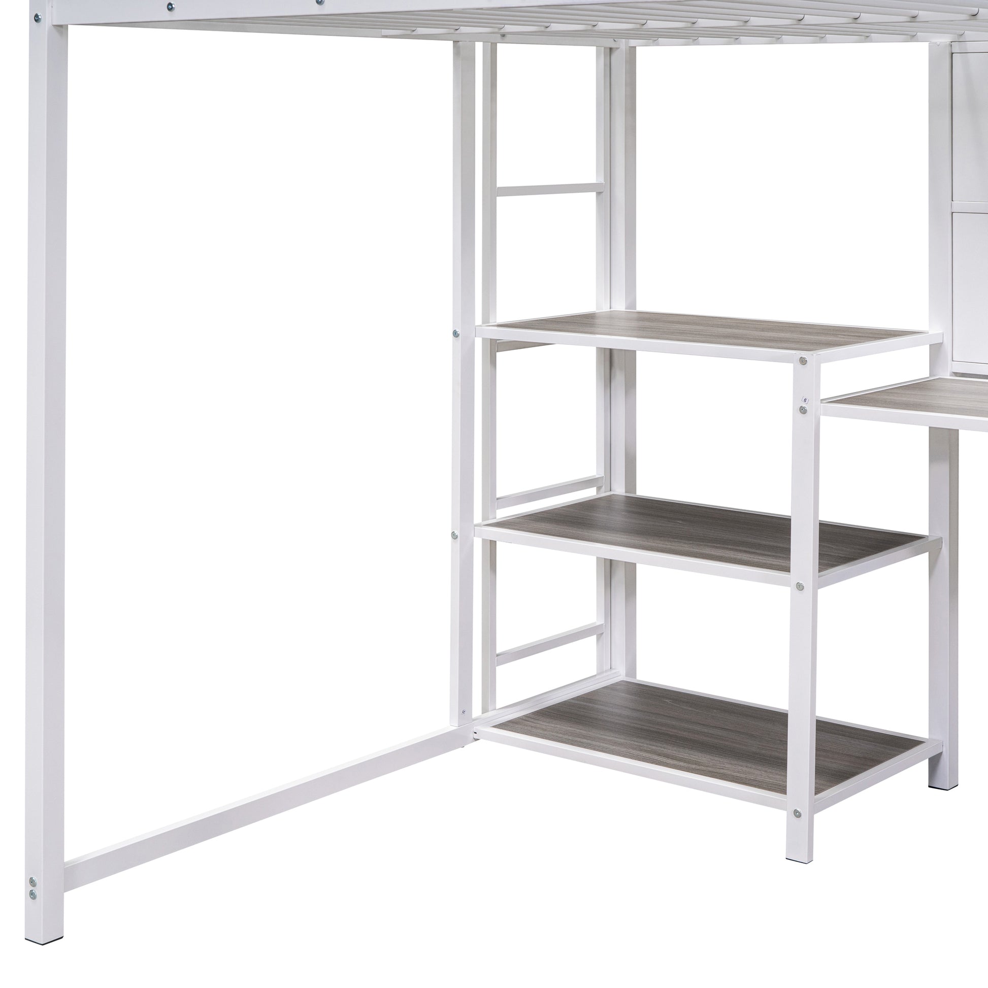 Full Size Loft Bed With Desk And Whiteboard, Metal Loft Bed With 3 Shelves And Ladder, White White Steel