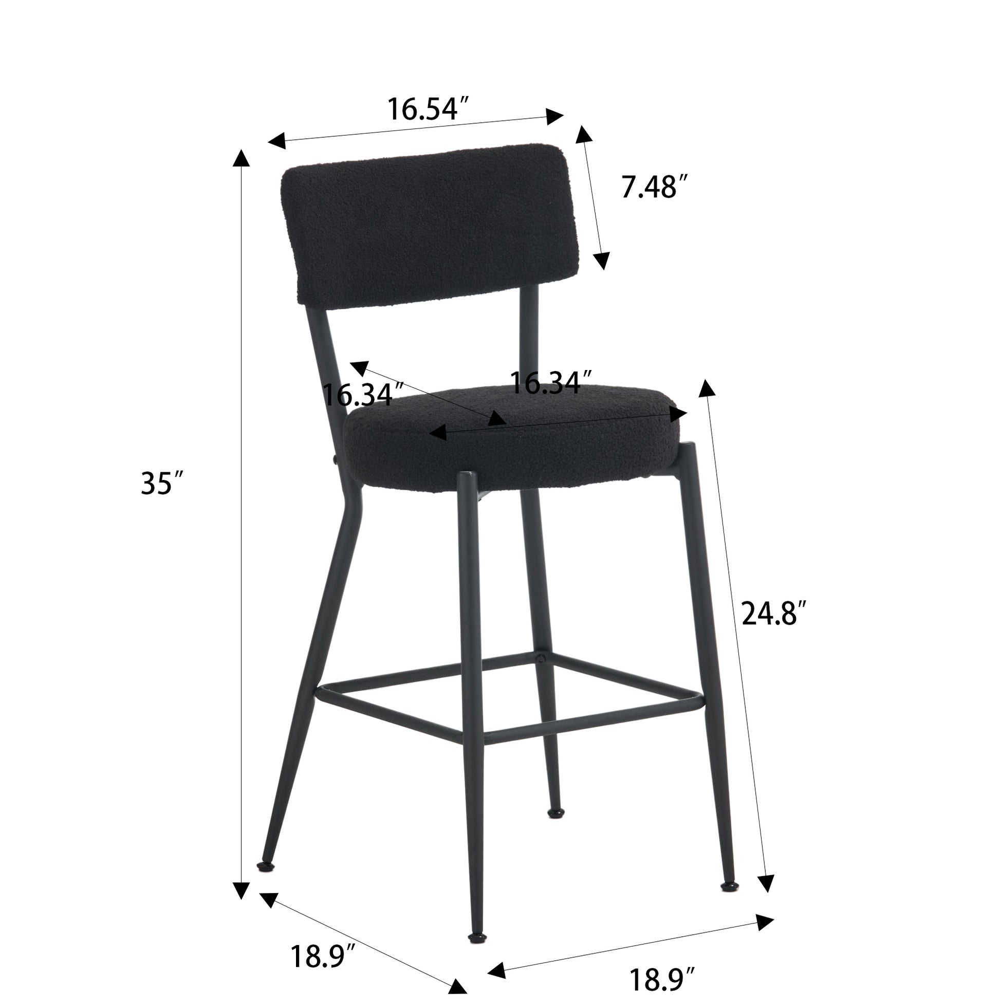 Set Of 2 Modern Teddy Fabric Upholstered Bar Stools Metal Base High Stool Suitable For Kitchen, Dining And Living Room Black Stylish And Comfortable Island Seating Black Metal
