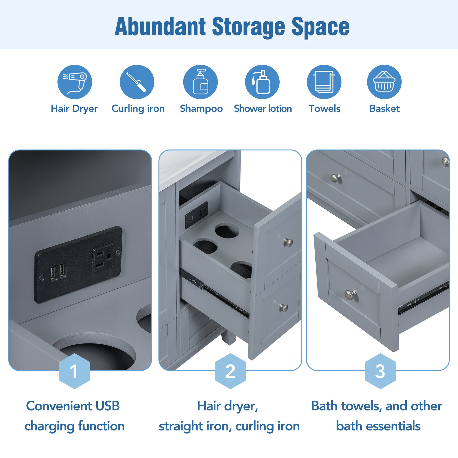 36 Inch Modern Bathroom Vanity With Usb Charging, Two Doors And Three Drawers Bathroom Storage Vanity Cabinet With Single Top, Small Bathroom Vanity Cabinet With Sinkwhite & Gray Blue Faucets Not Grey Solid Wood Mdf Resin