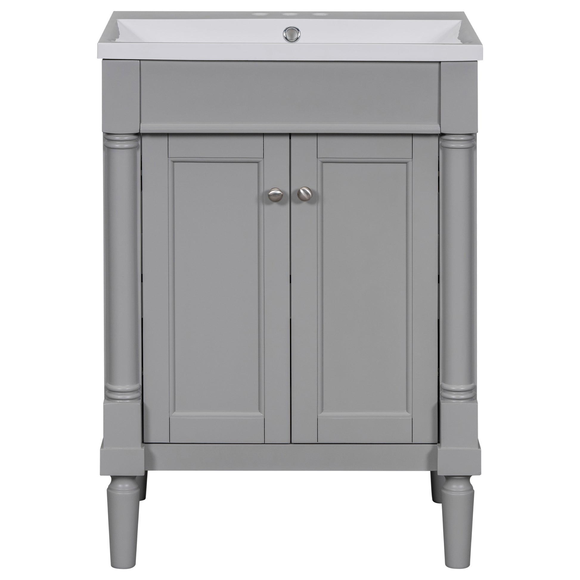 24'' Bathroom Vanity With Top Sink, 2 Tier Modern Bathroom Storage Cabinet, Single Sink Bathroom Vanity, Large Storage Shelves Grey Mdf