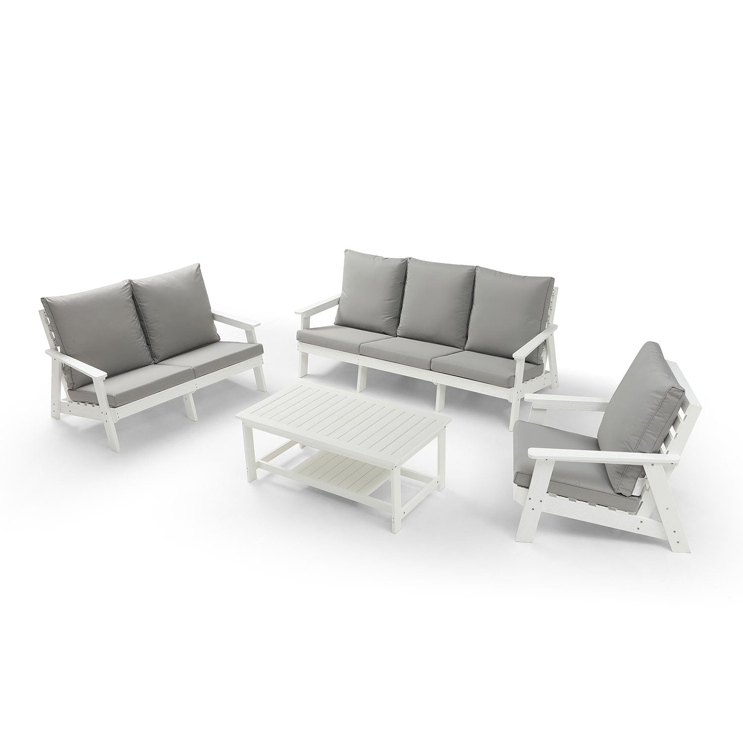 Hips Loveseat With Cushion, Wood Grain Outdoor Garden Sofa,White Grey White Hdpe