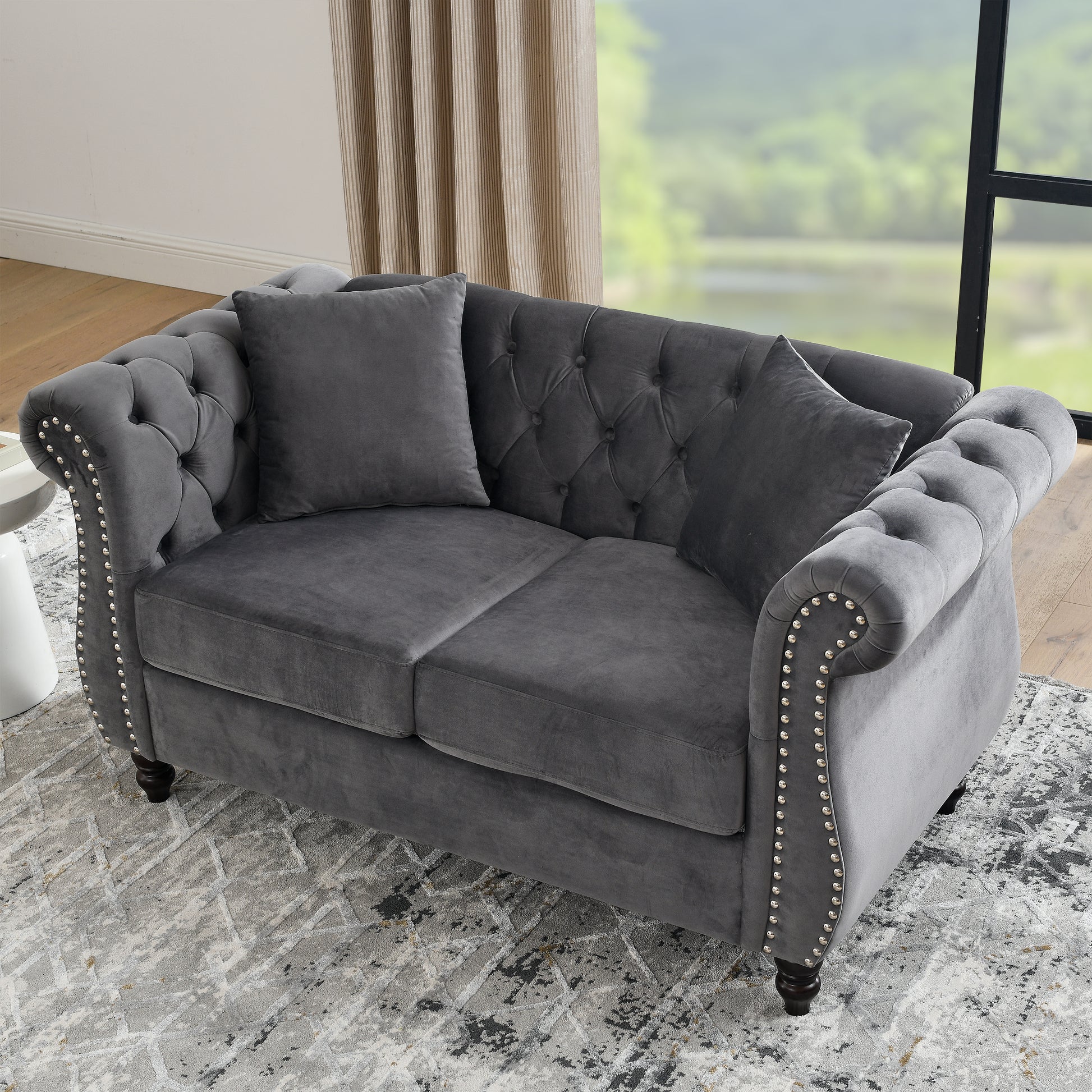 58.8" Chesterfield Sofa Grey Velvet For Living Room, 2 Seater Sofa Tufted Couch With Rolled Arms And For Living Room, Bedroom, Office, Apartment, Two Pillowsw834S00069 Grey Foam Velvet