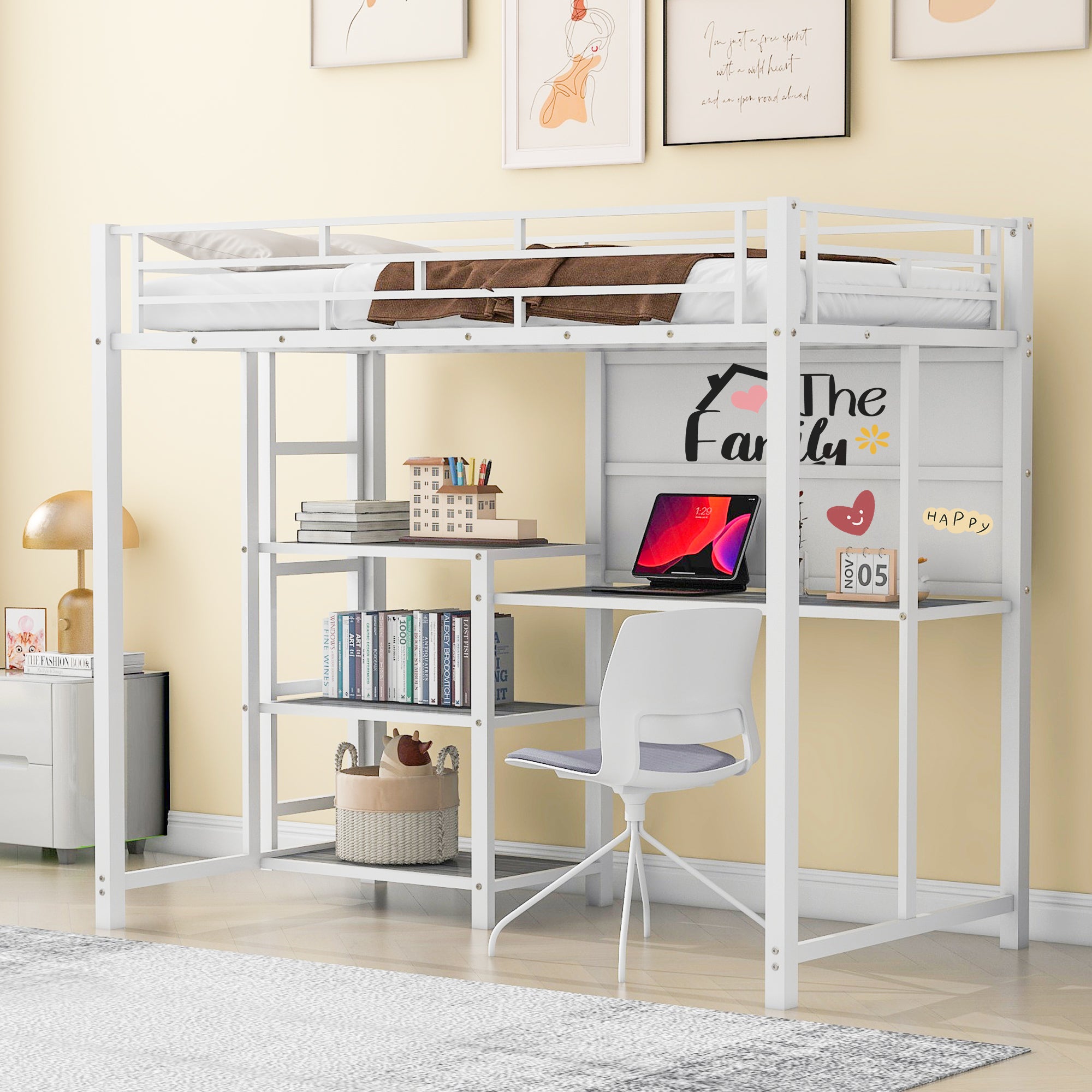 Twin Size Loft Bed With Desk And Whiteboard, Metal Loft Bed With 3 Shelves And Ladder, White White Steel