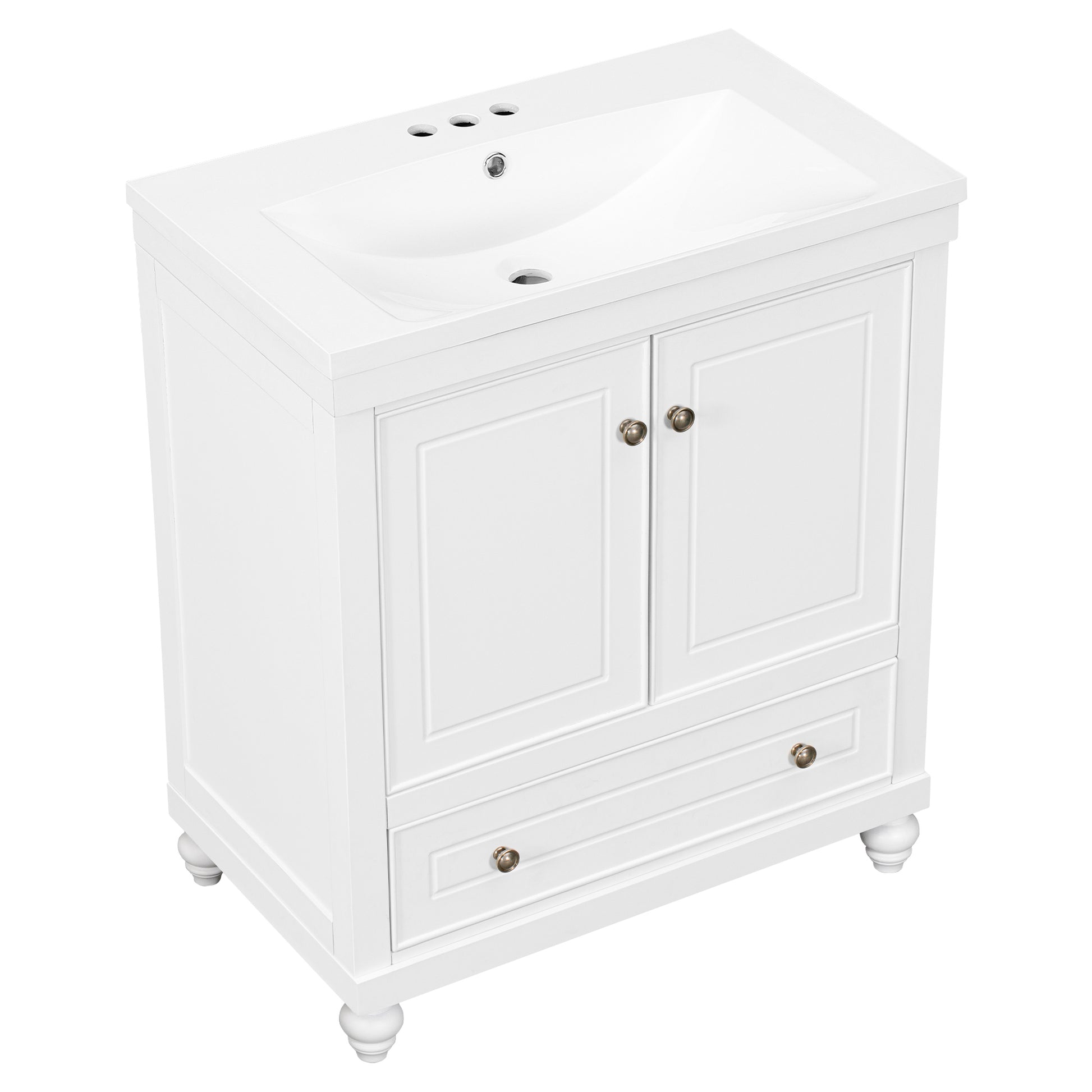 30" Bathroom Vanity With Sink, Combo, Cabinet With Doors And Drawer, Solid Frame And Mdf Board, White White Solid Wood Mdf