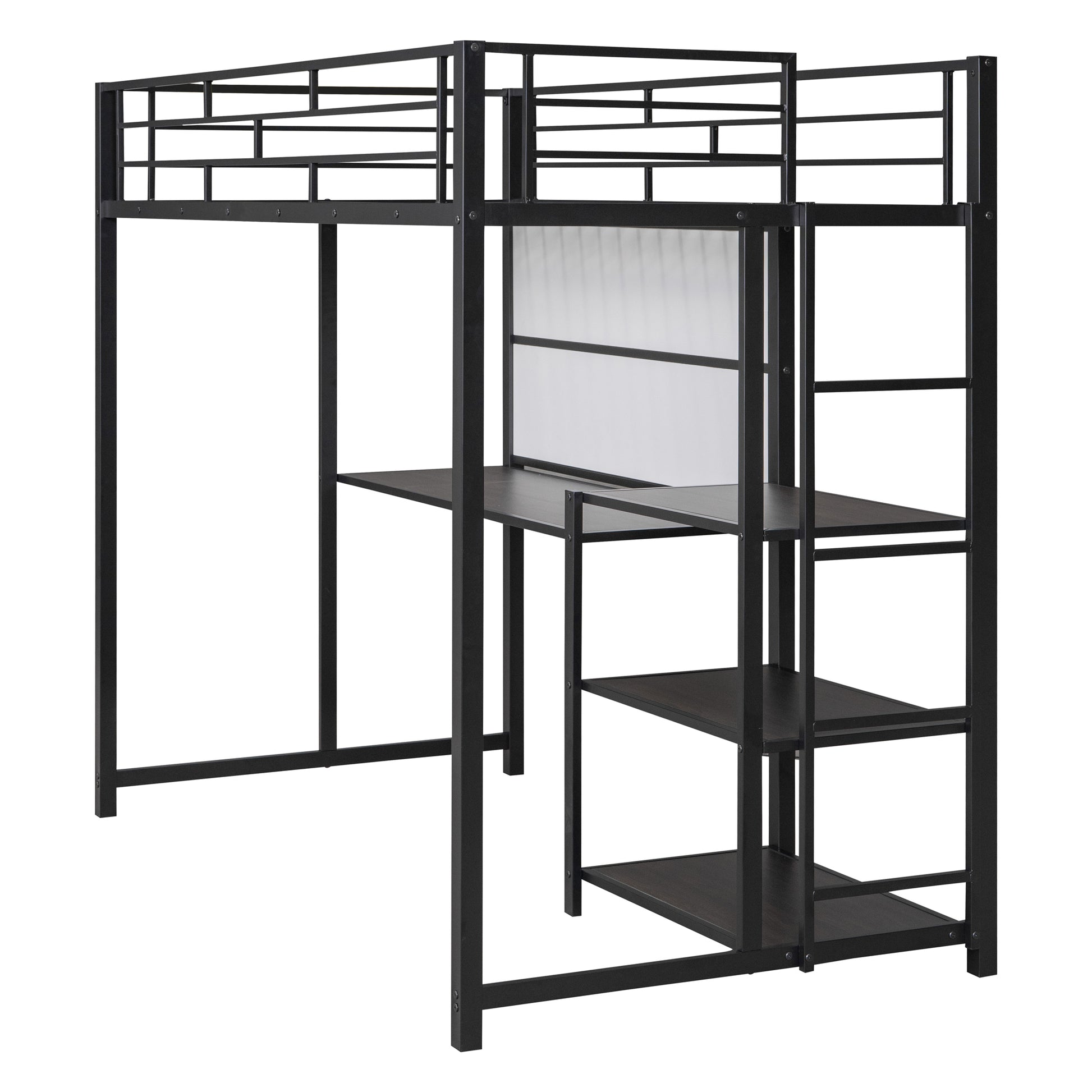 Twin Size Loft Bed With Desk And Whiteboard, Metal Loft Bed With 3 Shelves And Ladder, Black Black Steel