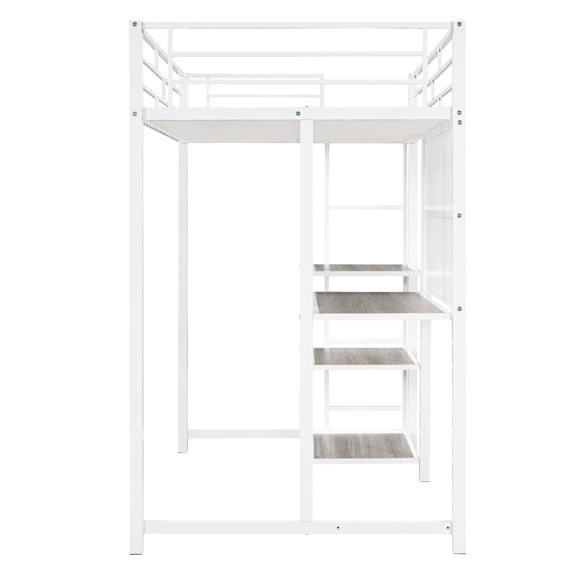 Twin Size Loft Bed With Desk And Whiteboard, Metal Loft Bed With 3 Shelves And Ladder, White White Steel