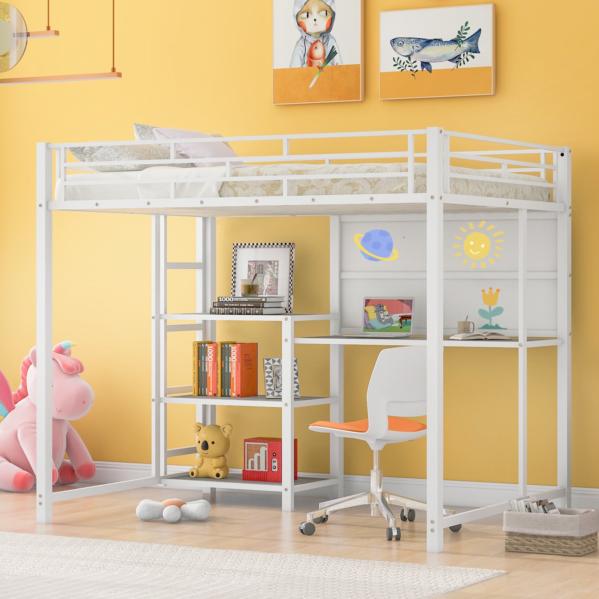 Full Size Loft Bed With Desk And Whiteboard, Metal Loft Bed With 3 Shelves And Ladder, White White Steel