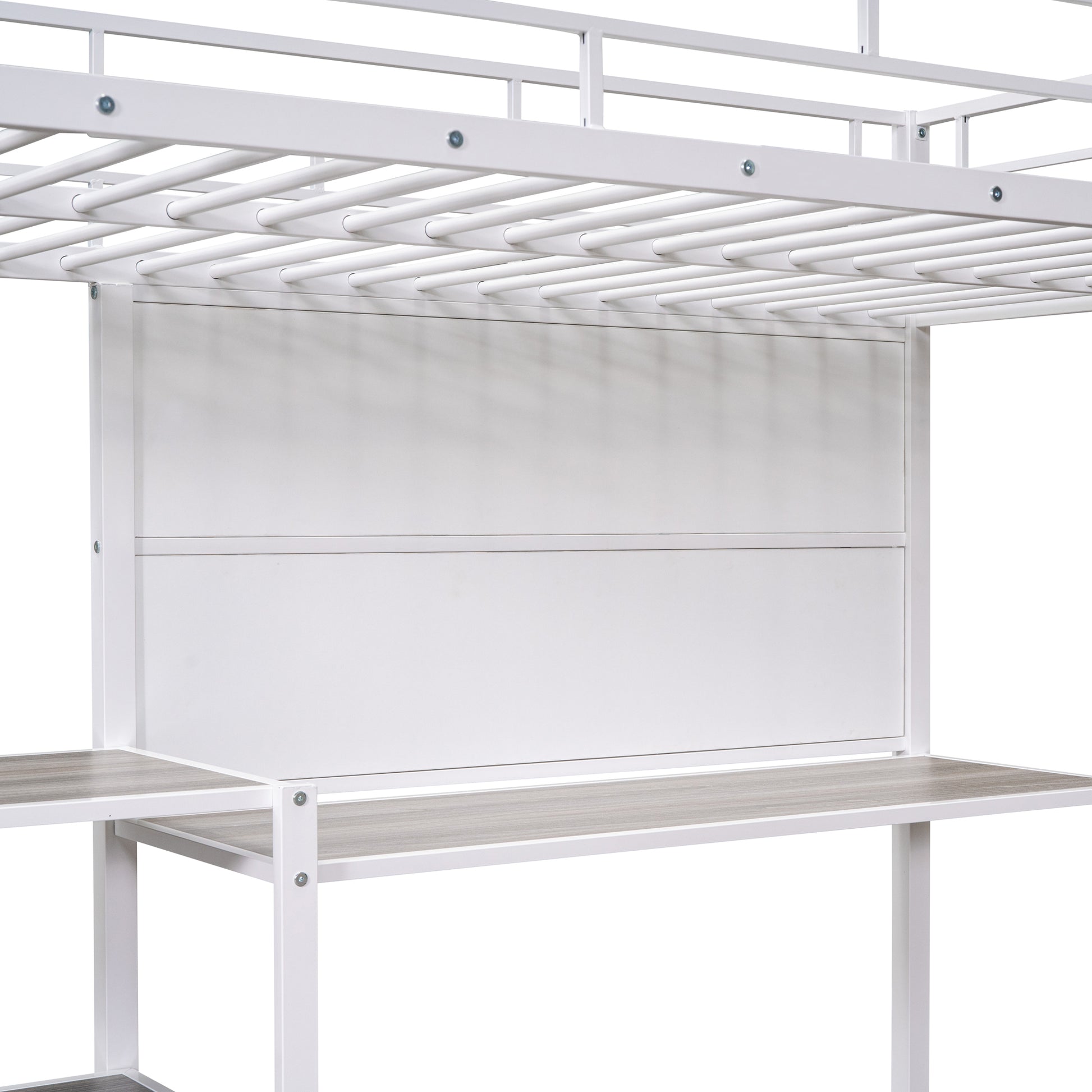 Twin Size Loft Bed With Desk And Whiteboard, Metal Loft Bed With 3 Shelves And Ladder, White White Steel