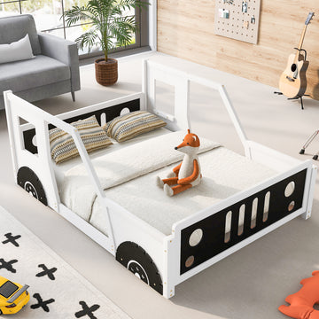 Full Size Classic Car Shaped Platform Bed With Wheels,White White Pine