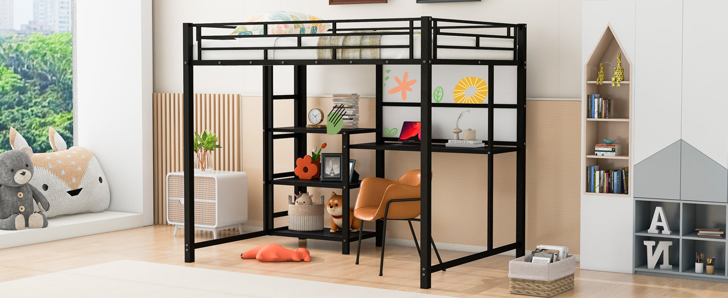 Full Size Loft Bed With Desk And Whiteboard, Metal Loft Bed With 3 Shelves And Ladder, Black Black Steel