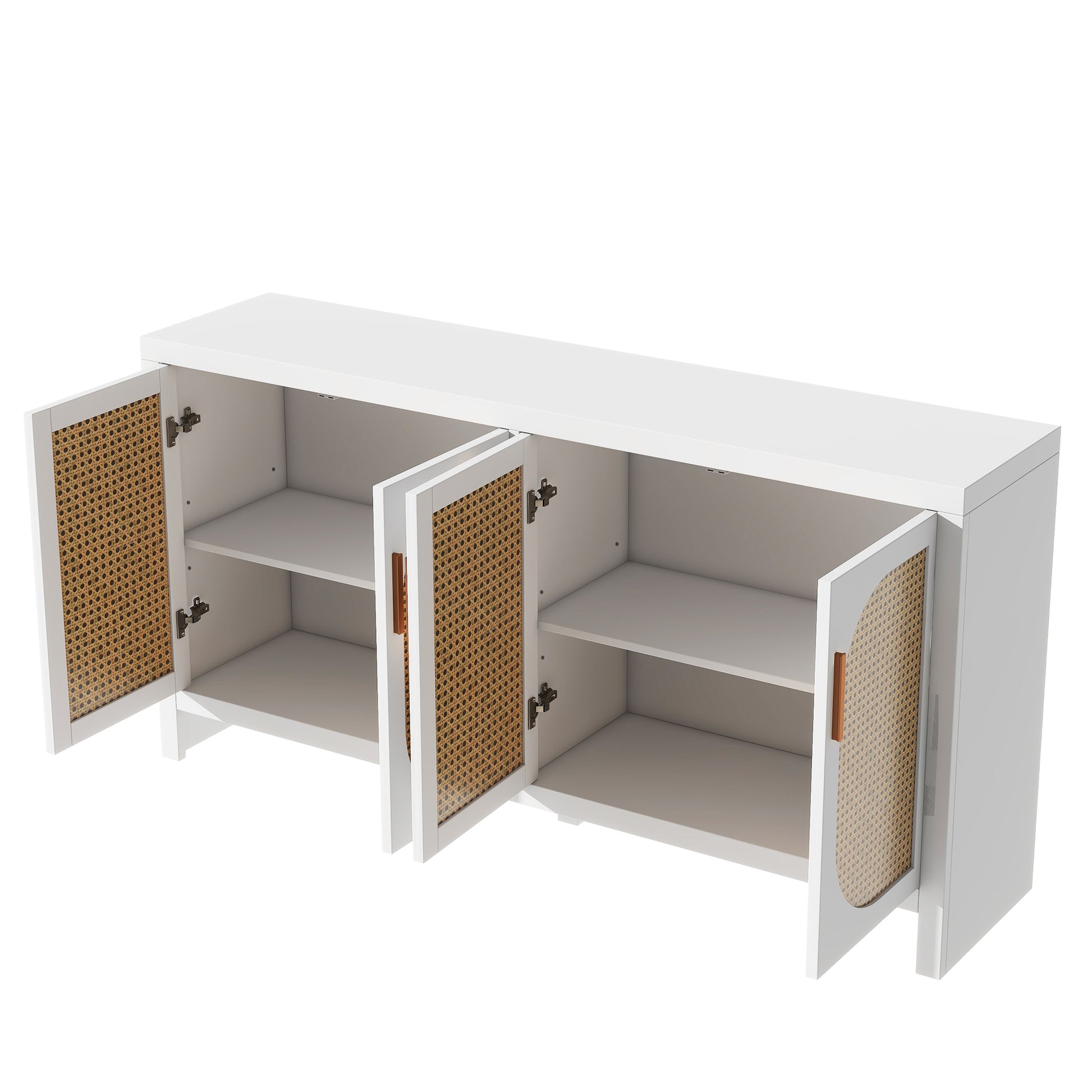 Modern Tv Stand For 65 Inch Tv With Rattan Doors, Adjustable Shelves And Metal Handles For Living Room, White White 60 69 Inches Particle Board