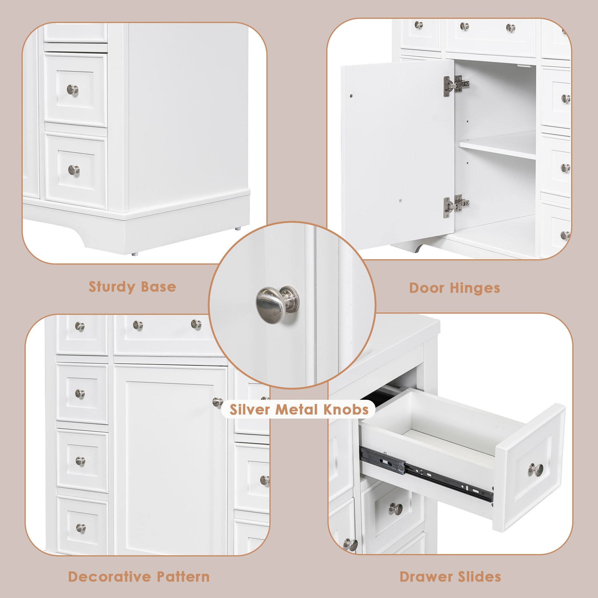 36" Bathroom Vanity Without Sink, Cabinet Base Only, One Cabinet And Six Drawers, White White Solid Wood Mdf