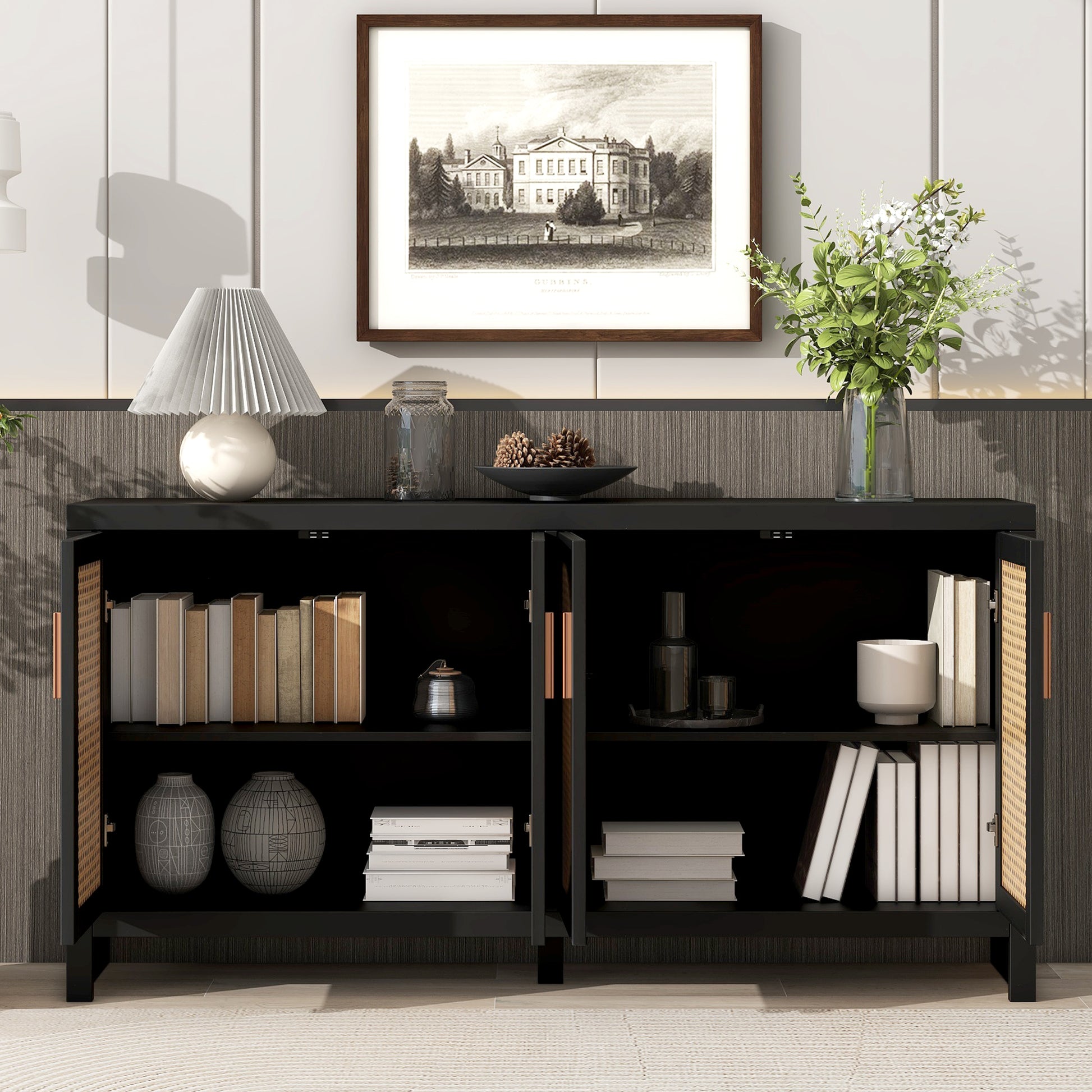 Modern Tv Stand For 65 Inch Tv With Rattan Doors, Adjustable Shelves And Metal Handles For Living Room, Black Black 60 69 Inches Particle Board