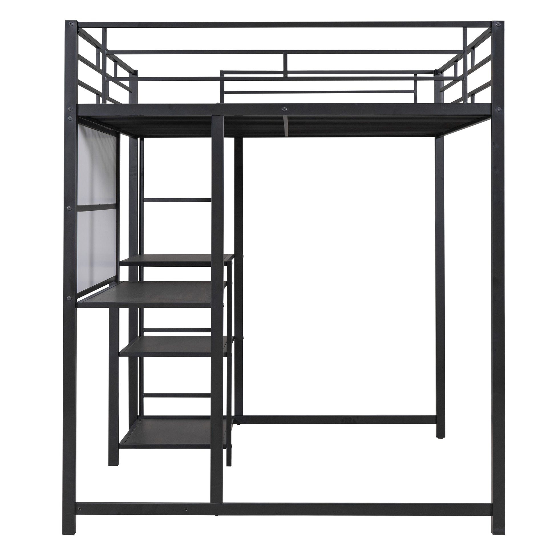 Full Size Loft Bed With Desk And Whiteboard, Metal Loft Bed With 3 Shelves And Ladder, Black Black Steel