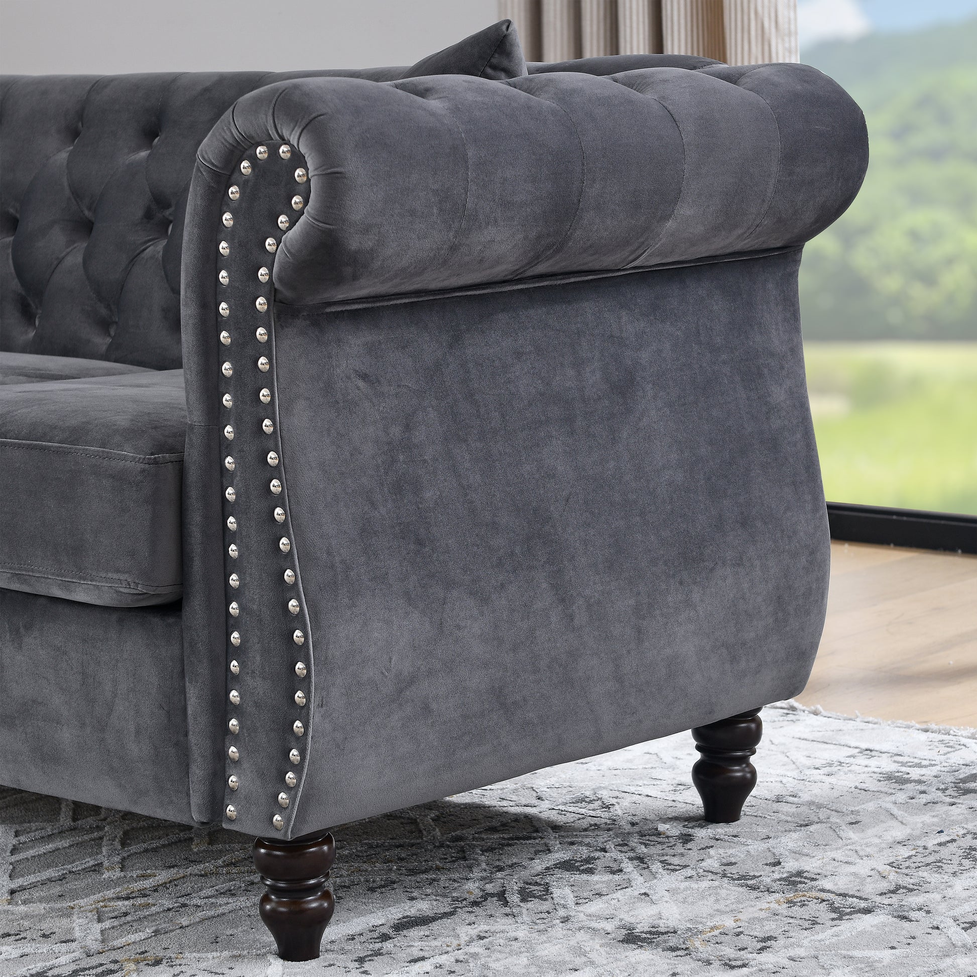 58.8" Chesterfield Sofa Grey Velvet For Living Room, 2 Seater Sofa Tufted Couch With Rolled Arms And For Living Room, Bedroom, Office, Apartment, Two Pillowsw834S00069 Grey Foam Velvet