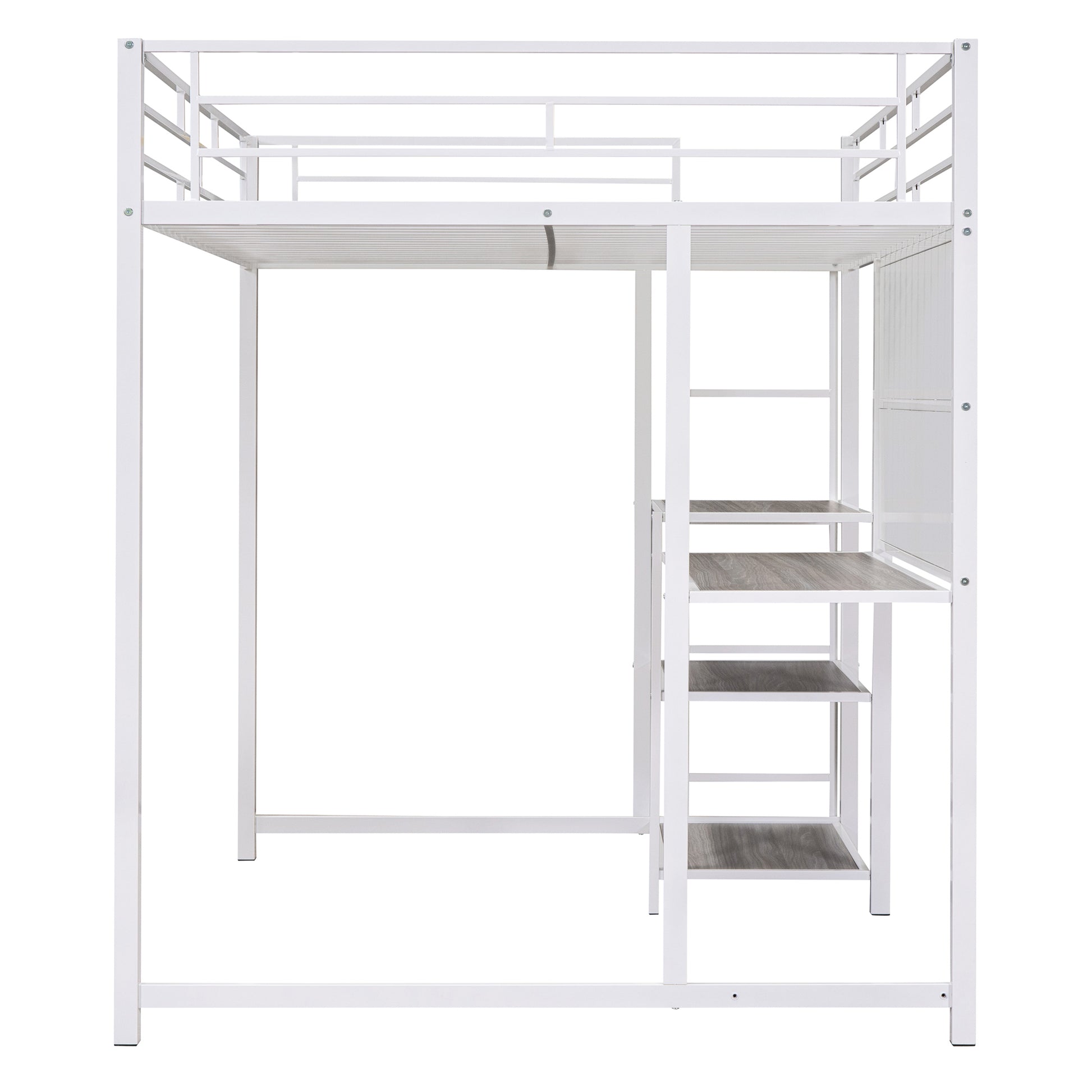 Full Size Loft Bed With Desk And Whiteboard, Metal Loft Bed With 3 Shelves And Ladder, White White Steel