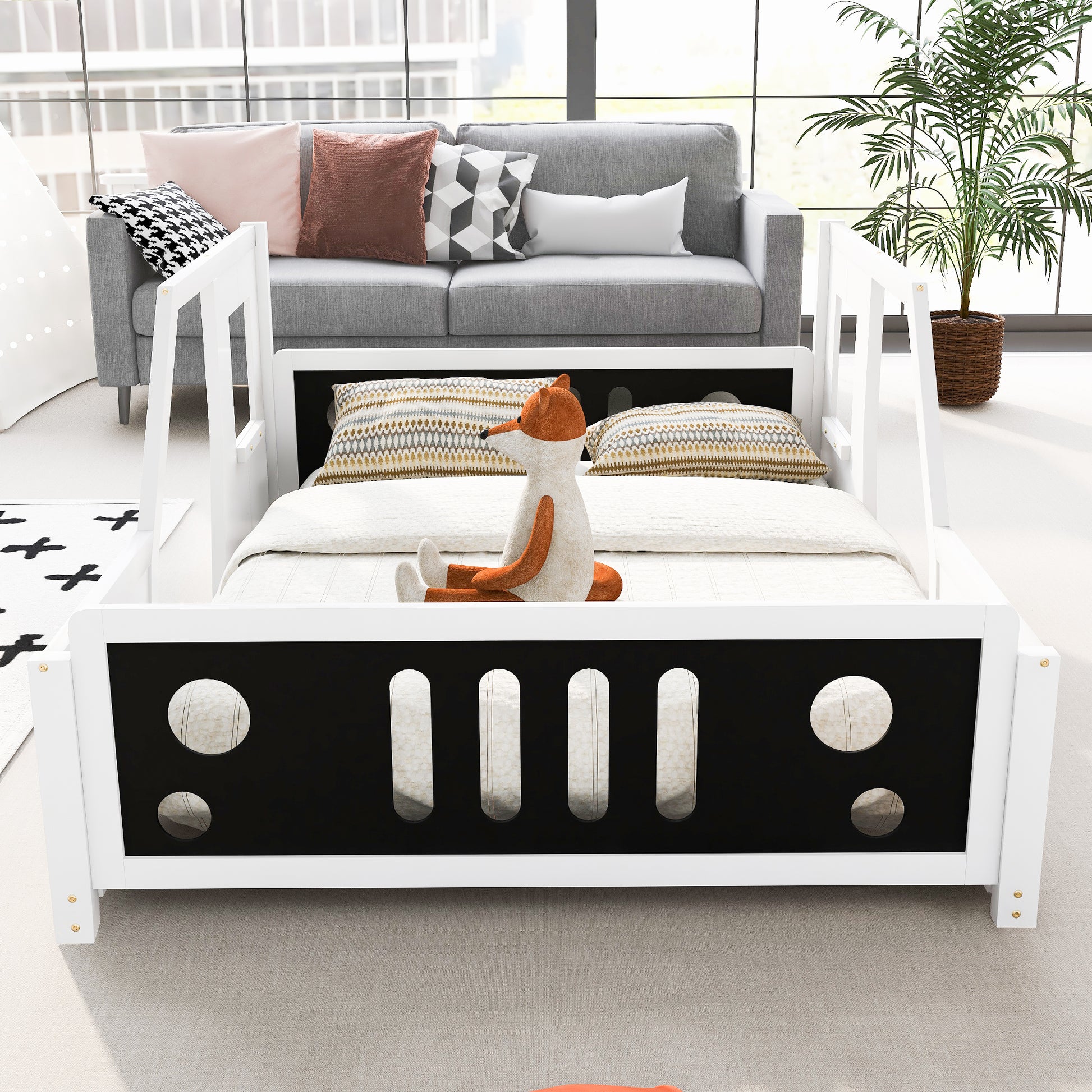 Full Size Classic Car Shaped Platform Bed With Wheels,White White Pine