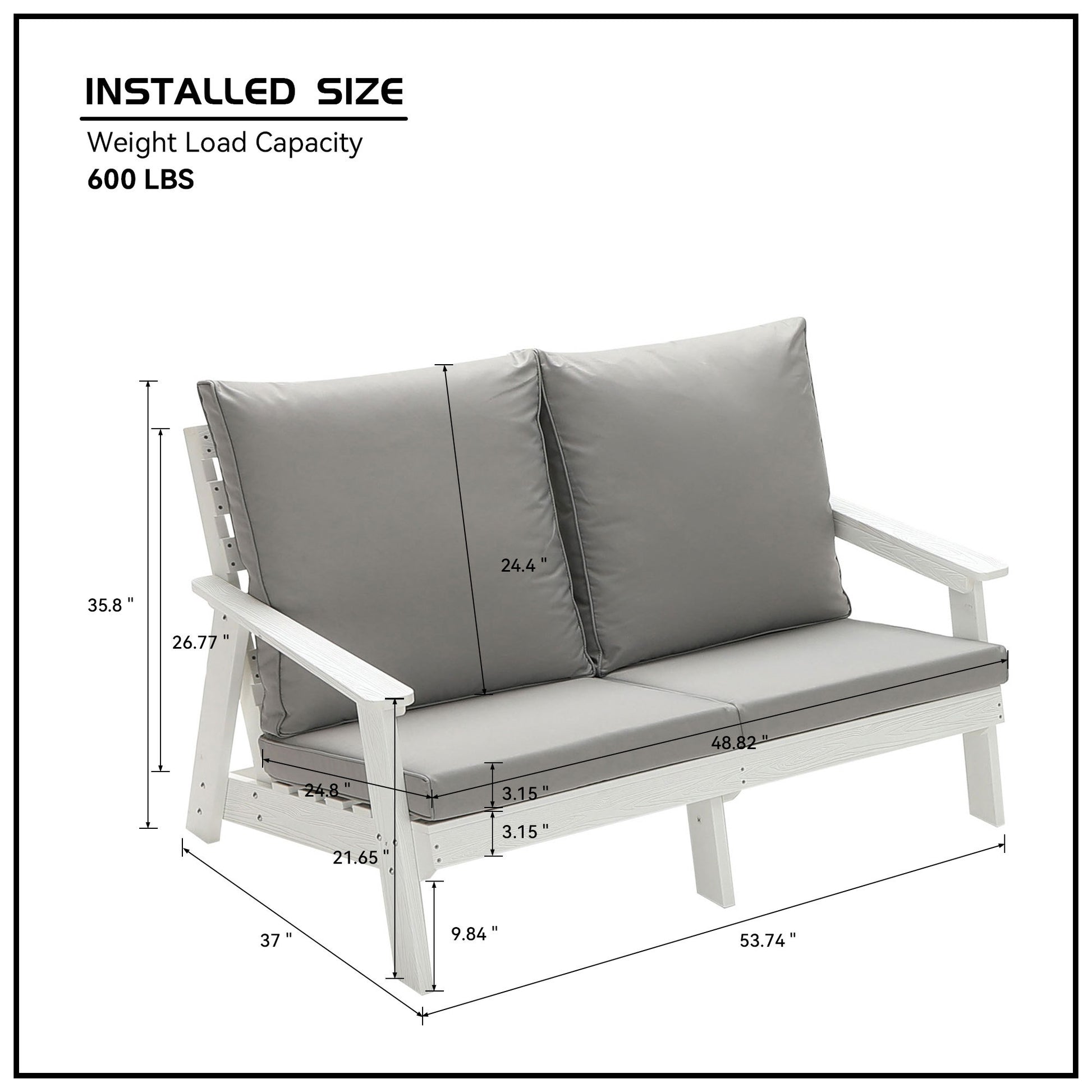 Hips Loveseat With Cushion, Wood Grain Outdoor Garden Sofa,White Grey White Hdpe