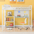 Full Size Loft Bed With Desk And Whiteboard, Metal Loft Bed With 3 Shelves And Ladder, White White Steel