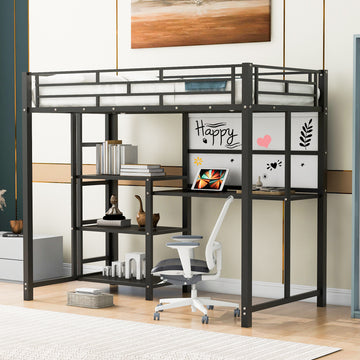 Twin Size Loft Bed With Desk And Whiteboard, Metal Loft Bed With 3 Shelves And Ladder, Black Black Steel