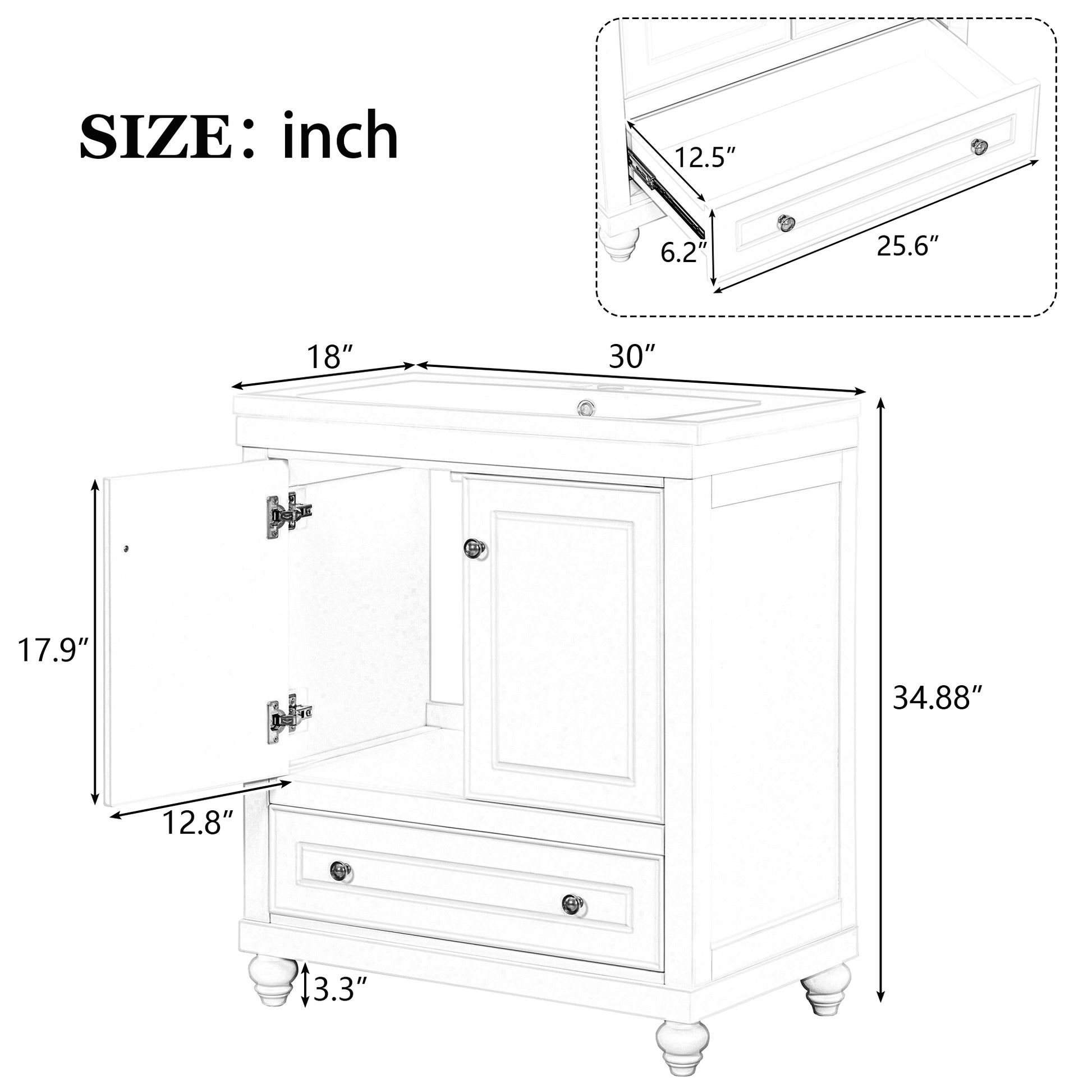 30" Bathroom Vanity With Sink, Combo, Cabinet With Doors And Drawer, Solid Frame And Mdf Board, White White Solid Wood Mdf