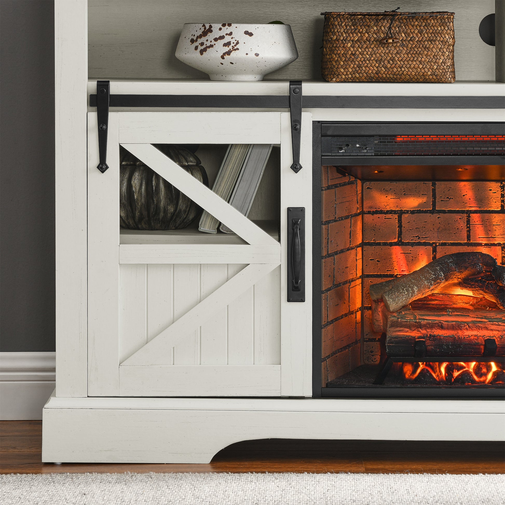 60 Inch Electric Fireplace Entertainment Center With Door Sensor Jasmine White Color Powder Coated Electric Jasmine White Vent Free Yes Insert Wood Stainless Steel Glass Electric