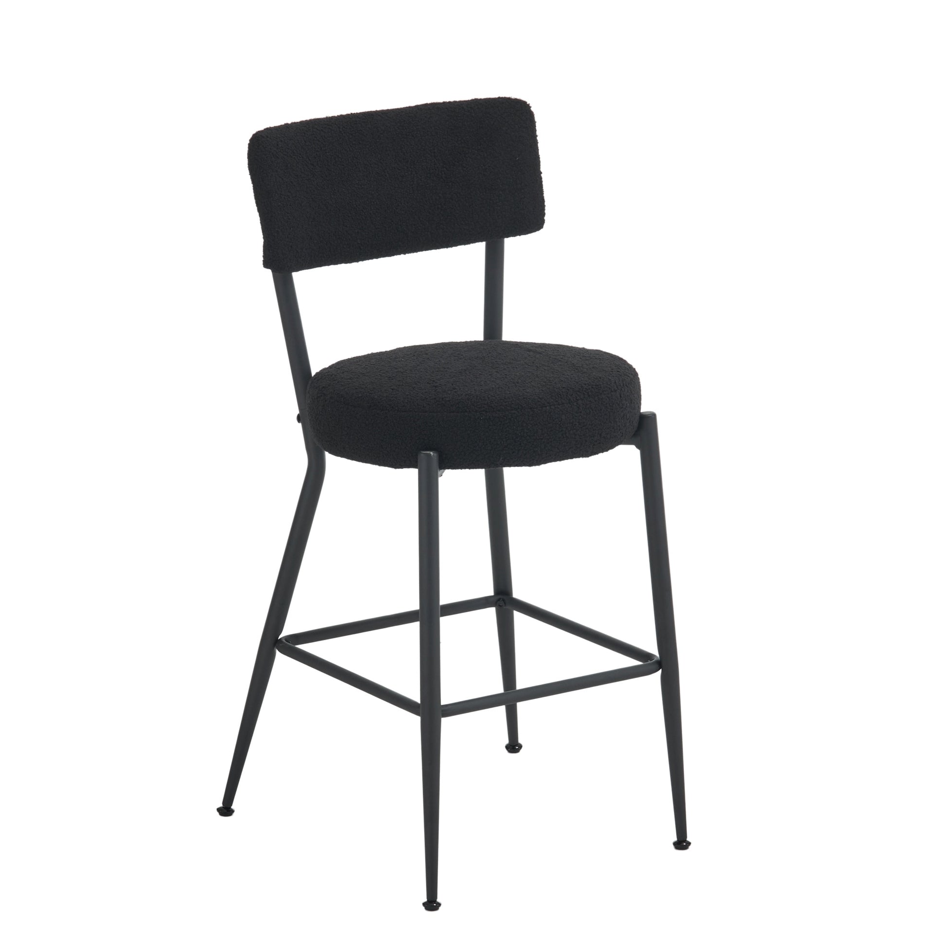 Set Of 2 Modern Teddy Fabric Upholstered Bar Stools Metal Base High Stool Suitable For Kitchen, Dining And Living Room Black Stylish And Comfortable Island Seating Black Metal