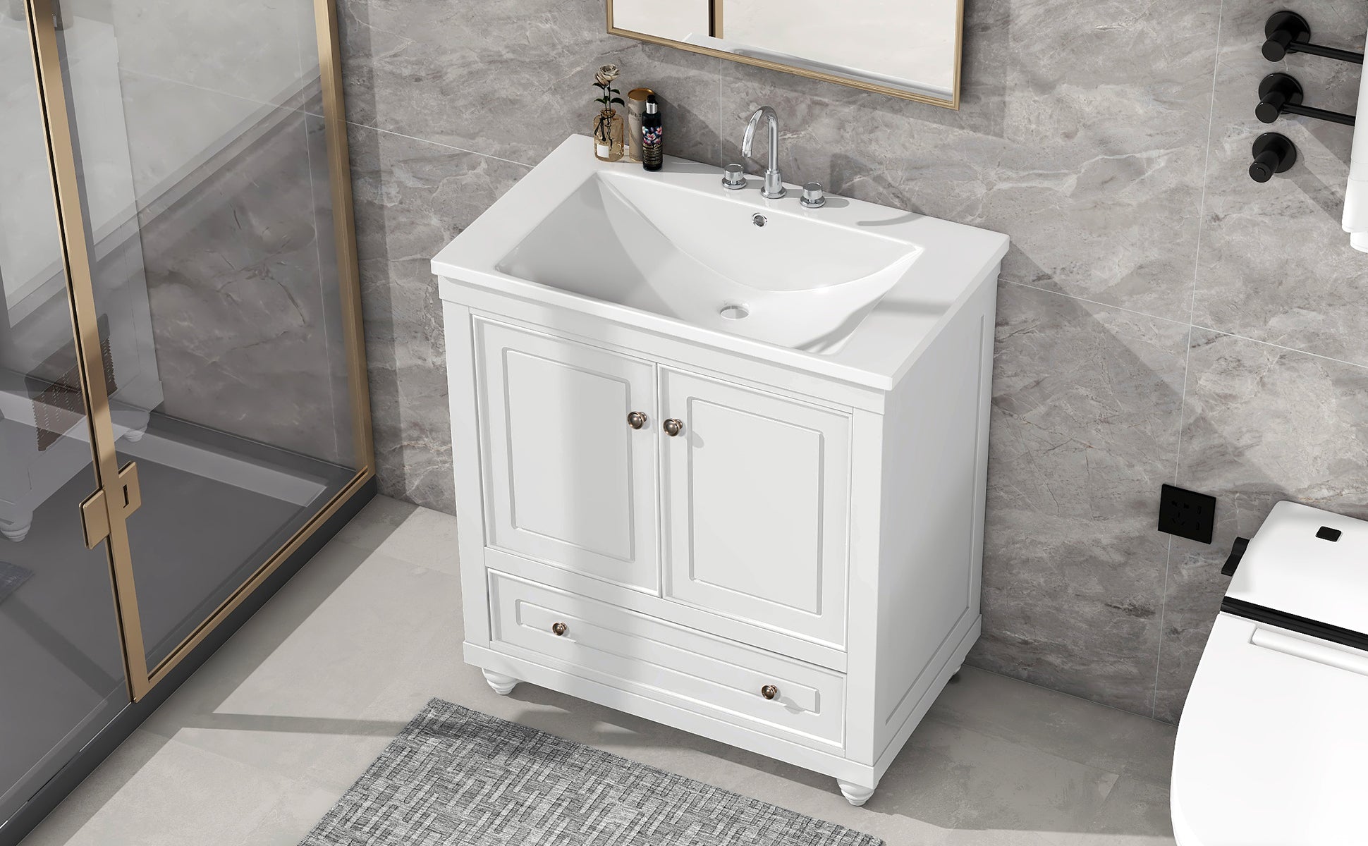 30" Bathroom Vanity With Sink, Combo, Cabinet With Doors And Drawer, Solid Frame And Mdf Board, White White Solid Wood Mdf