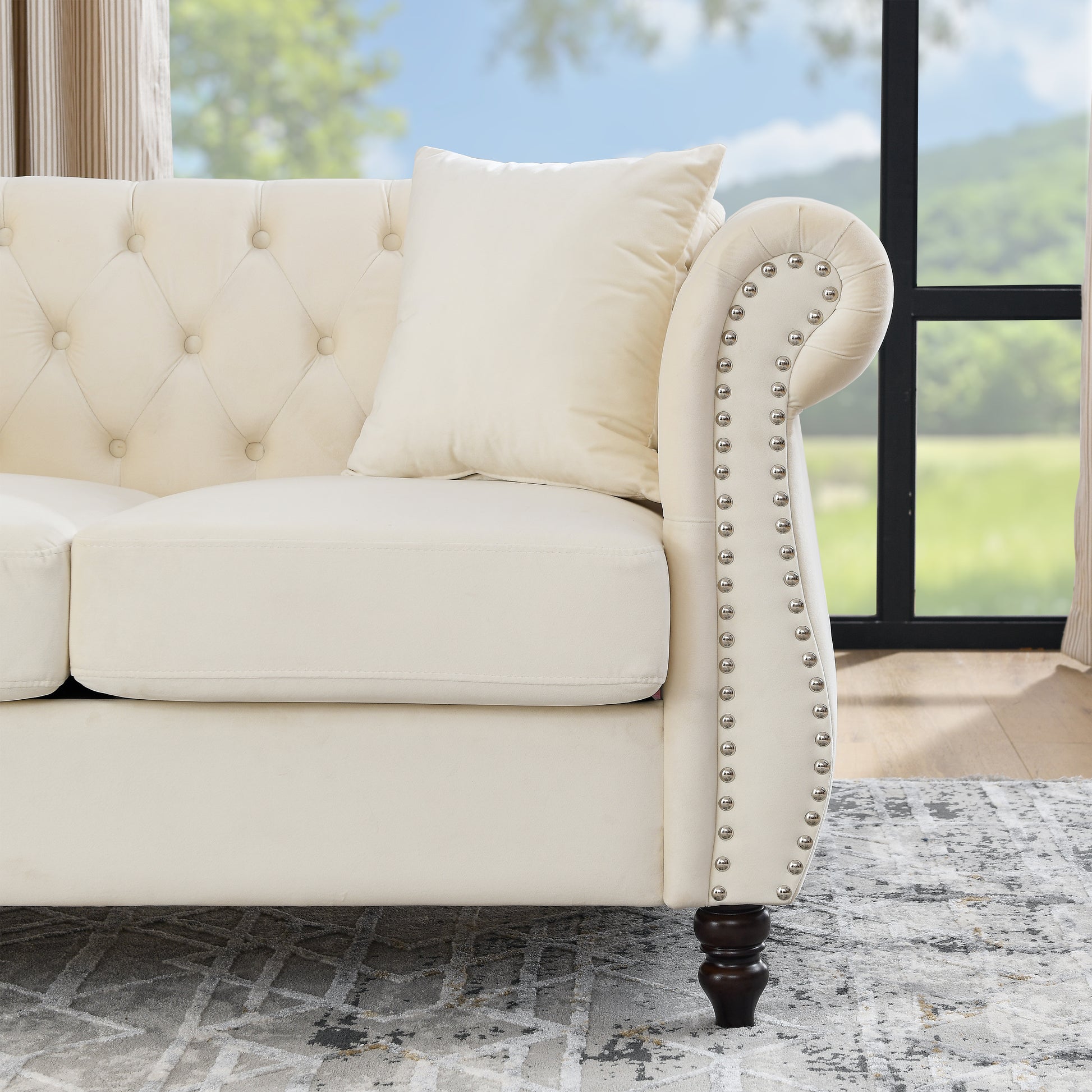 58.8" Chesterfield Sofa Beige Velvet For Living Room, 2 Seater Sofa Tufted Couch With Rolled Arms And For Living Room, Bedroom, Office, Apartment, Two Pillowsw834S00070 Beige Foam Velvet 2 Seat