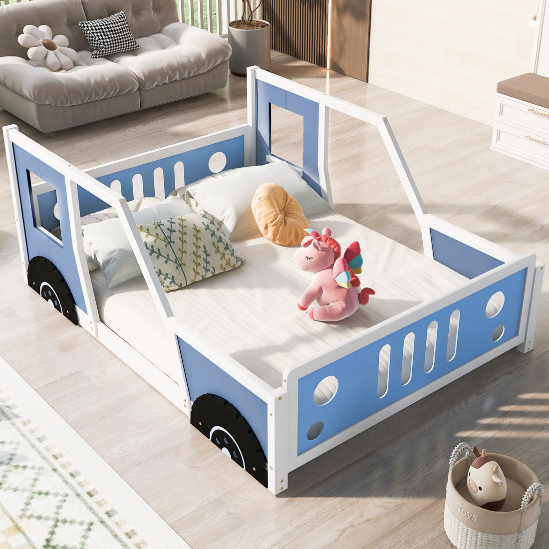 Full Size Classic Car Shaped Platform Bed With Wheels,Blue Blue Pine