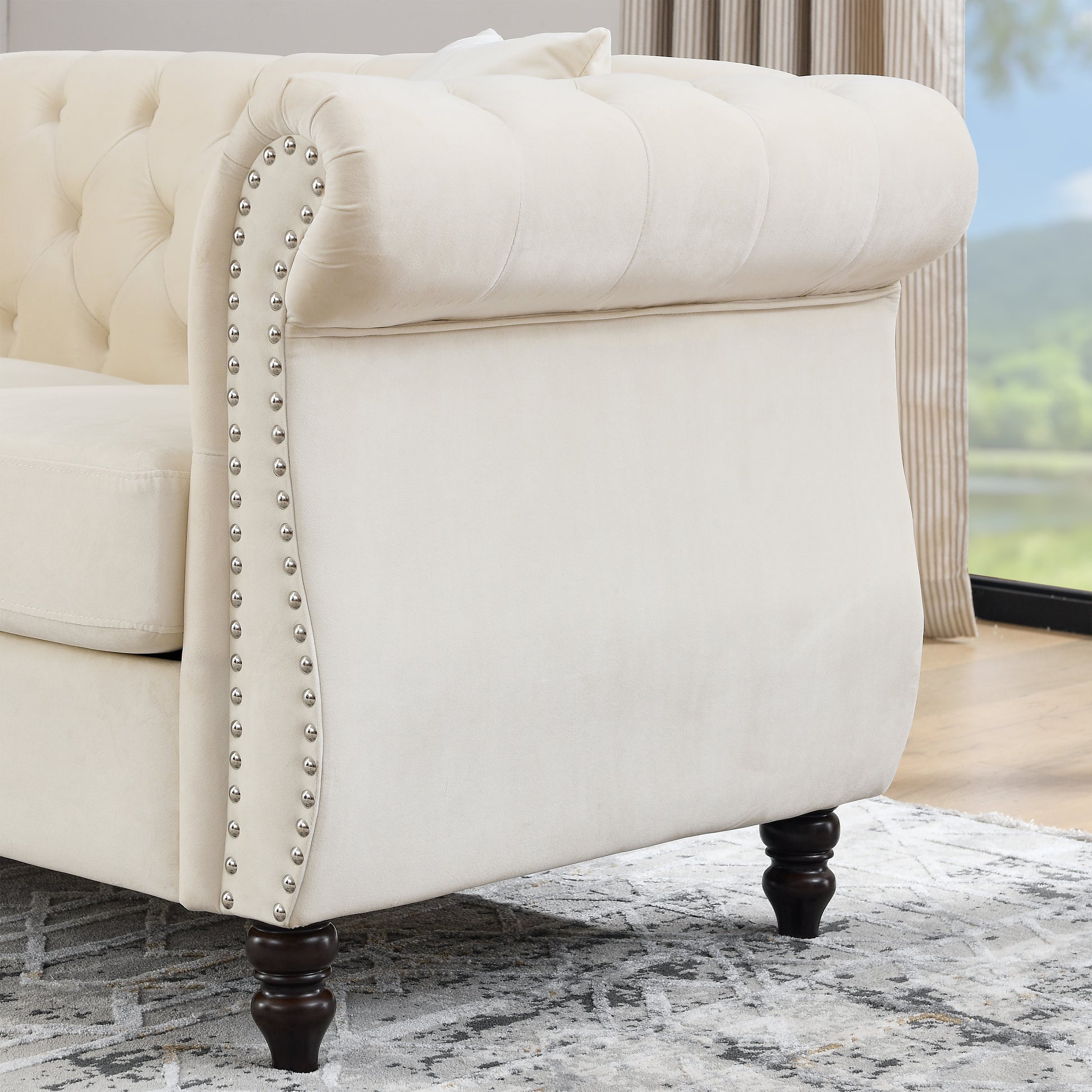 58.8" Chesterfield Sofa Beige Velvet For Living Room, 2 Seater Sofa Tufted Couch With Rolled Arms And For Living Room, Bedroom, Office, Apartment, Two Pillowsw834S00070 Beige Foam Velvet 2 Seat