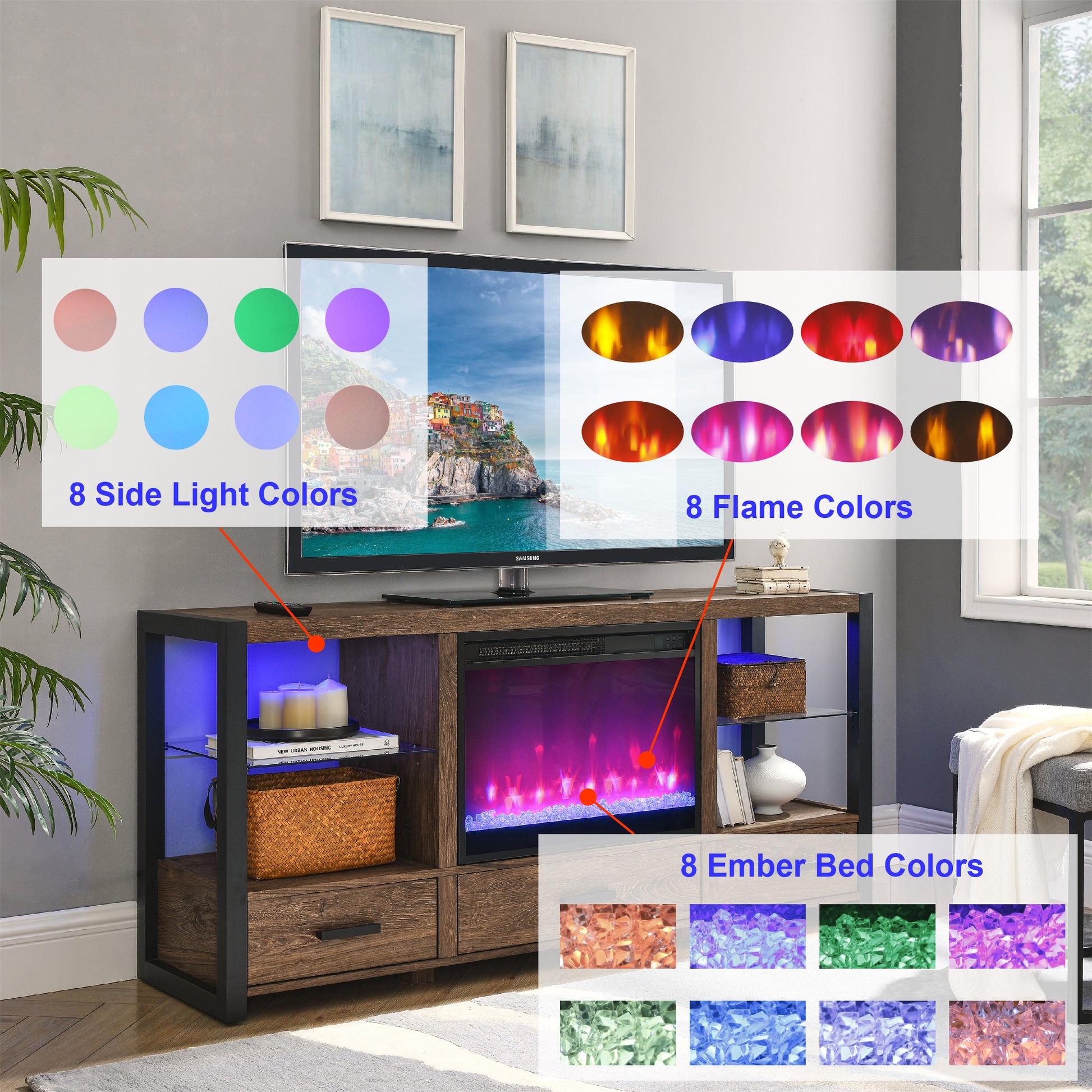 60 Inch Electric Fireplace Media Tv Stand With Sync Colorful Led Lights Reclaimed Barnwood Color Powder Coated No Electric Reclaimed Barnwood 400 Vent Free Primary Living Space Yes Insert Wood Stainless Steel Glass Electric