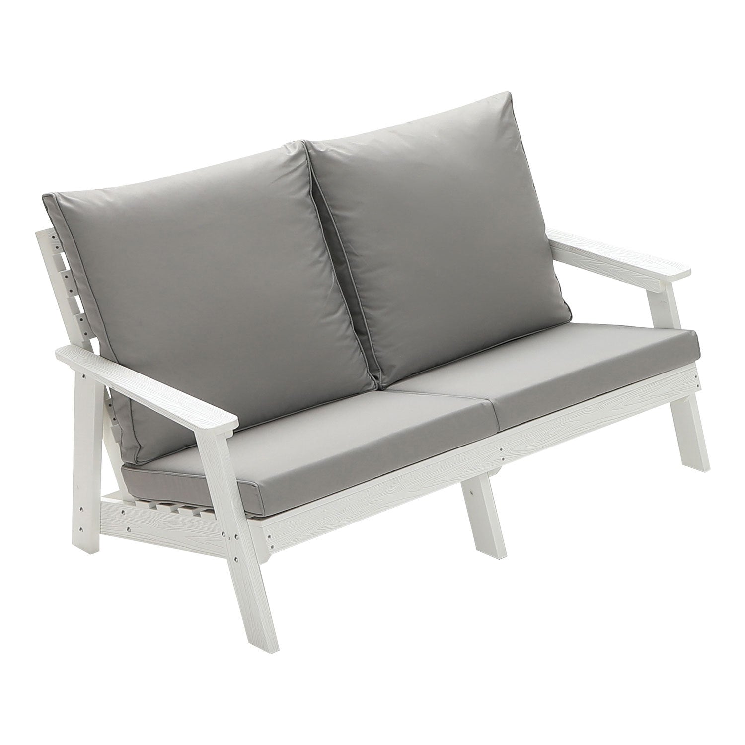 Hips Loveseat With Cushion, Wood Grain Outdoor Garden Sofa,White Grey White Hdpe