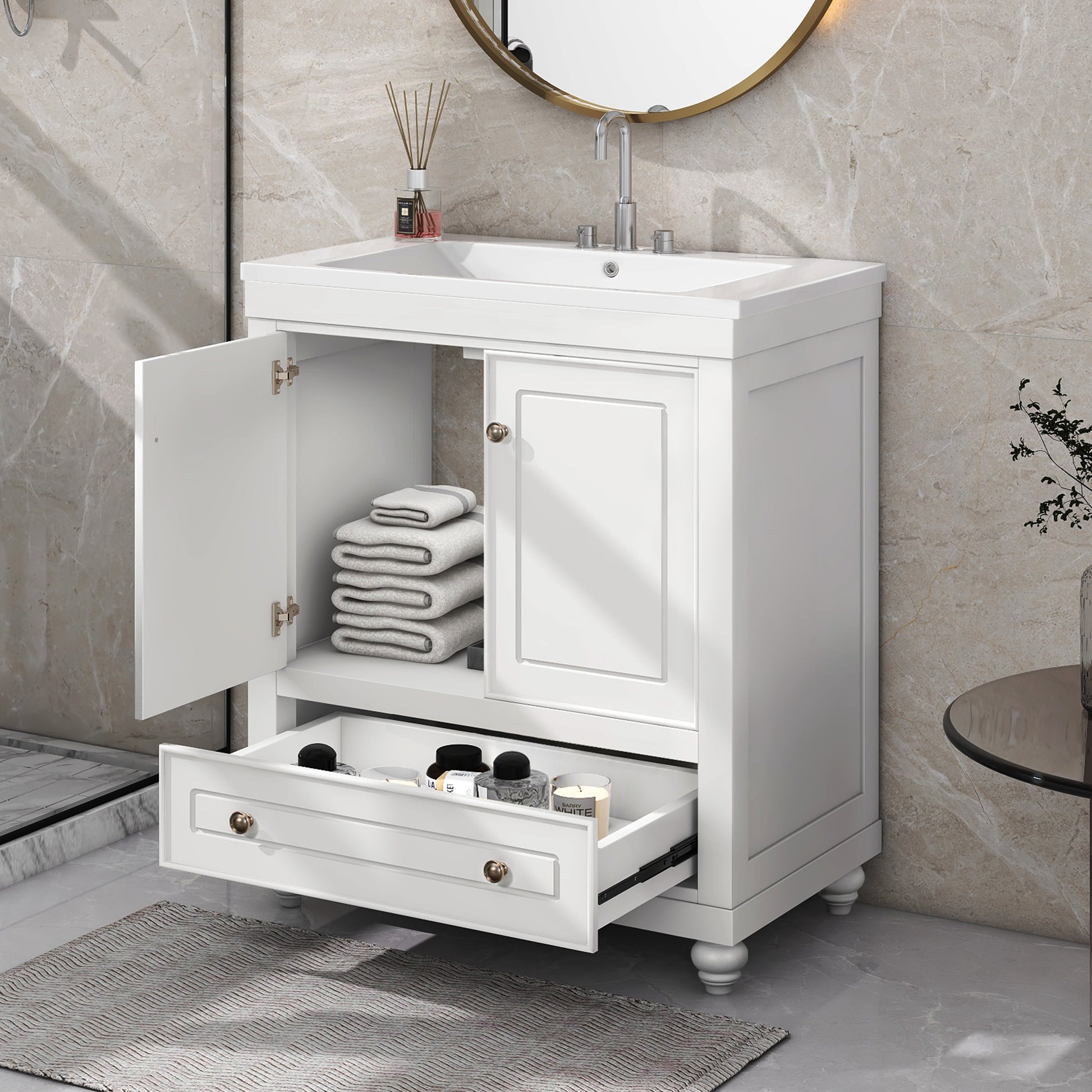 30" Bathroom Vanity With Sink, Combo, Cabinet With Doors And Drawer, Solid Frame And Mdf Board, White White Solid Wood Mdf