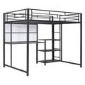 Full Size Loft Bed With Desk And Whiteboard, Metal Loft Bed With 3 Shelves And Ladder, Black Black Steel