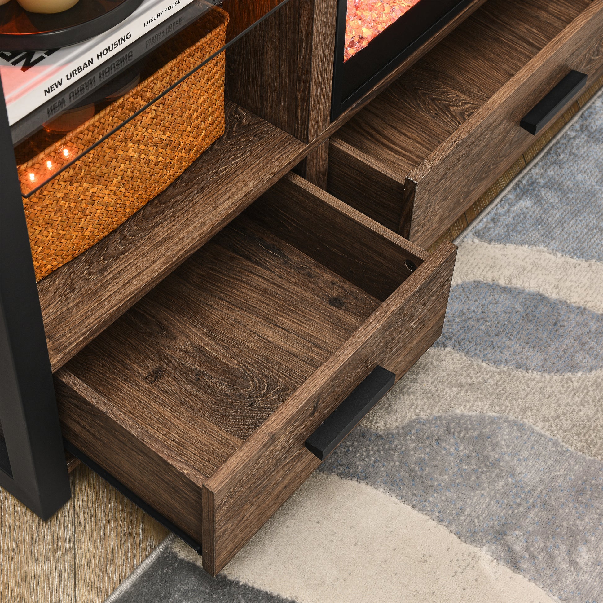 60 Inch Electric Fireplace Media Tv Stand With Sync Colorful Led Lights Reclaimed Barnwood Color Powder Coated No Electric Reclaimed Barnwood 400 Vent Free Primary Living Space Yes Insert Wood Stainless Steel Glass Electric