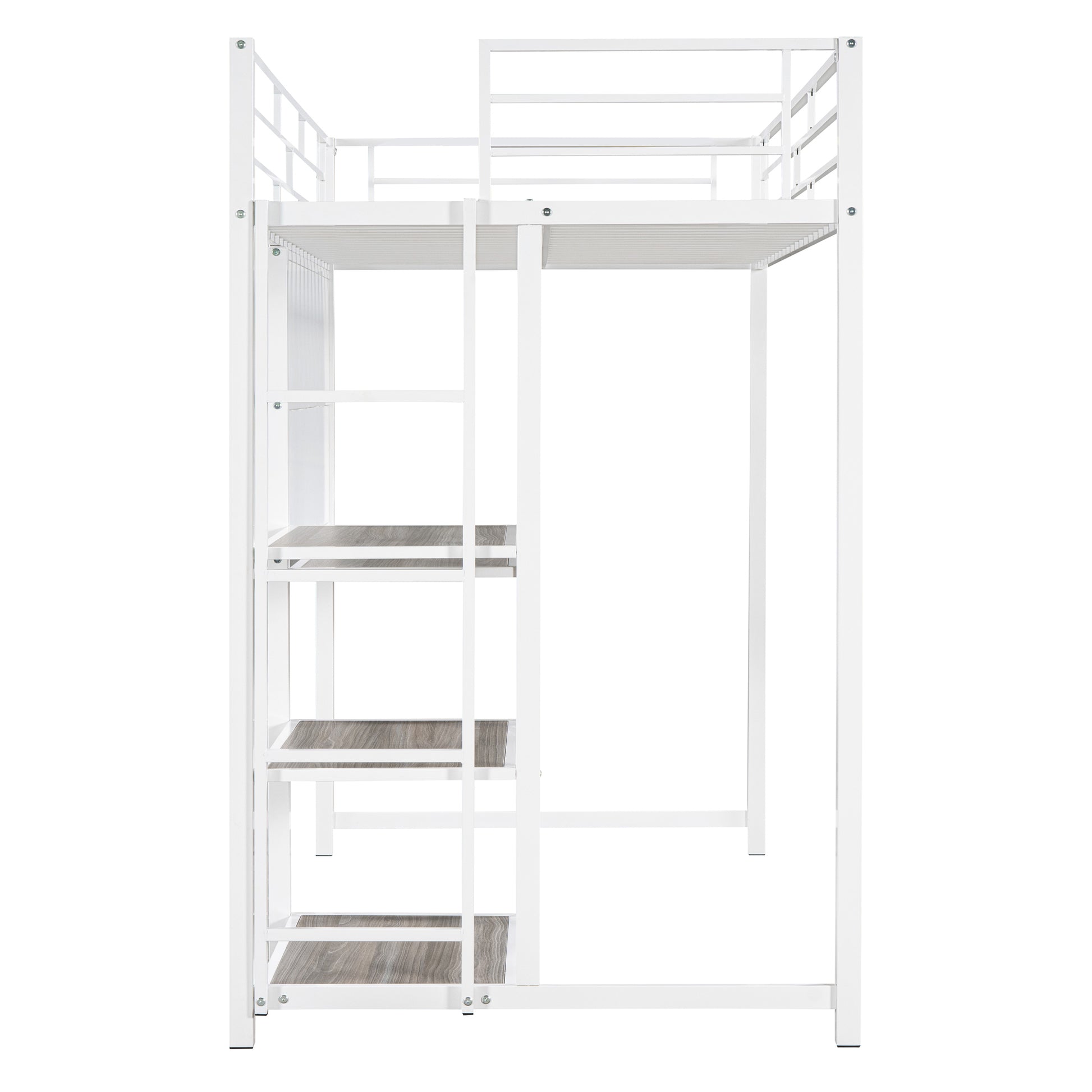 Twin Size Loft Bed With Desk And Whiteboard, Metal Loft Bed With 3 Shelves And Ladder, White White Steel