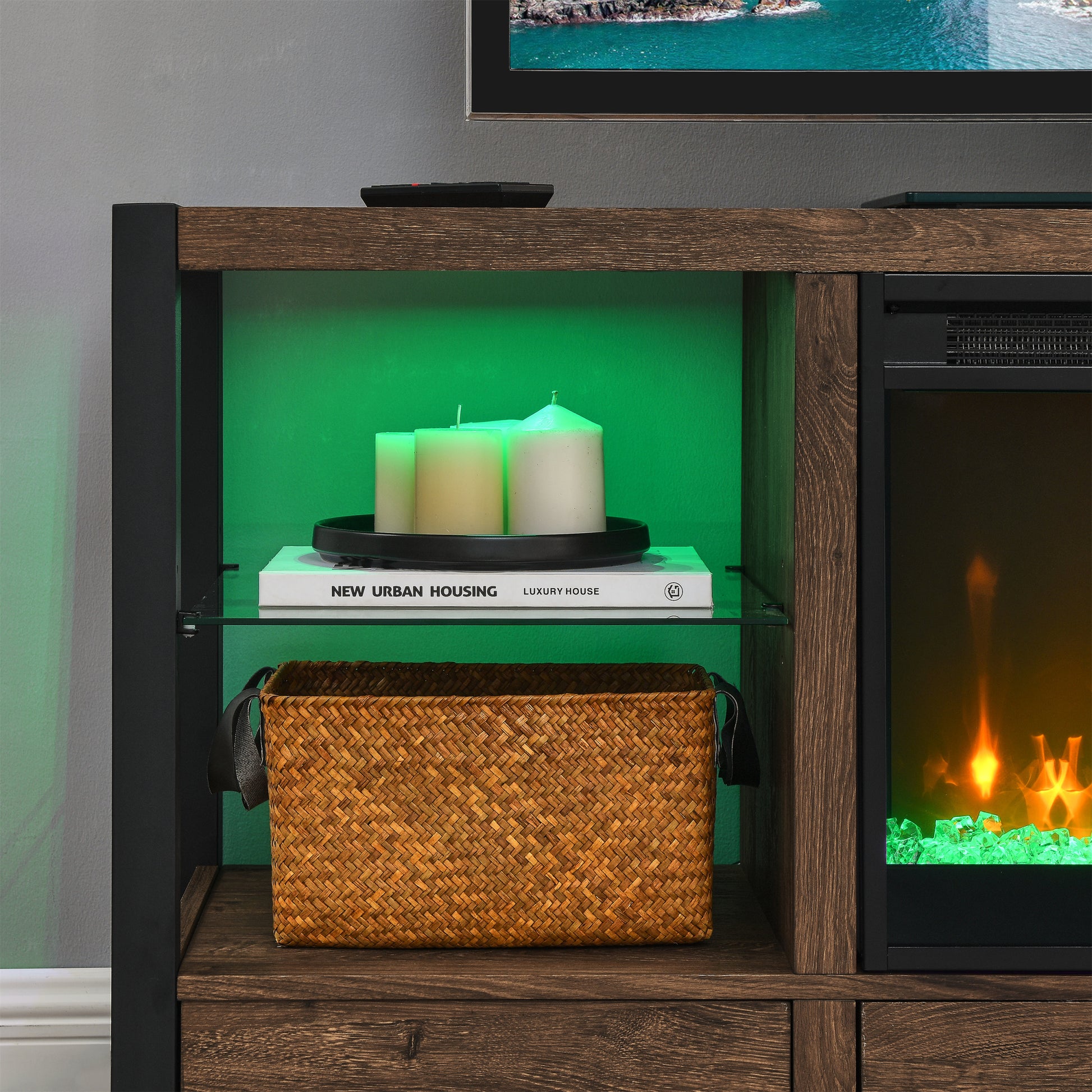 60 Inch Electric Fireplace Media Tv Stand With Sync Colorful Led Lights Reclaimed Barnwood Color Powder Coated No Electric Reclaimed Barnwood 400 Vent Free Primary Living Space Yes Insert Wood Stainless Steel Glass Electric