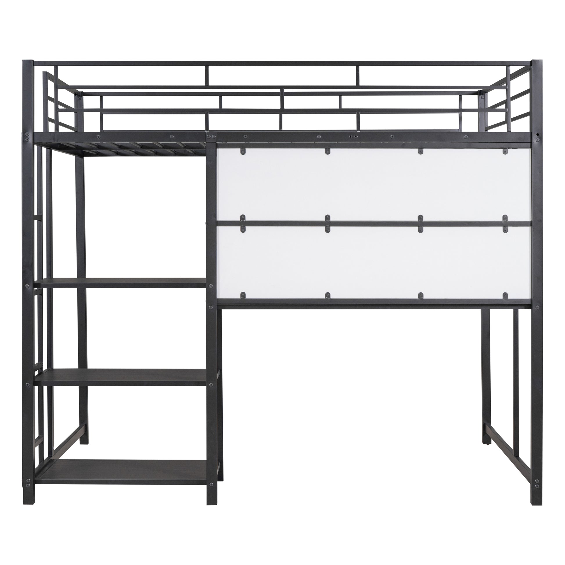 Full Size Loft Bed With Desk And Whiteboard, Metal Loft Bed With 3 Shelves And Ladder, Black Black Steel