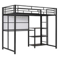 Twin Size Loft Bed With Desk And Whiteboard, Metal Loft Bed With 3 Shelves And Ladder, Black Black Steel