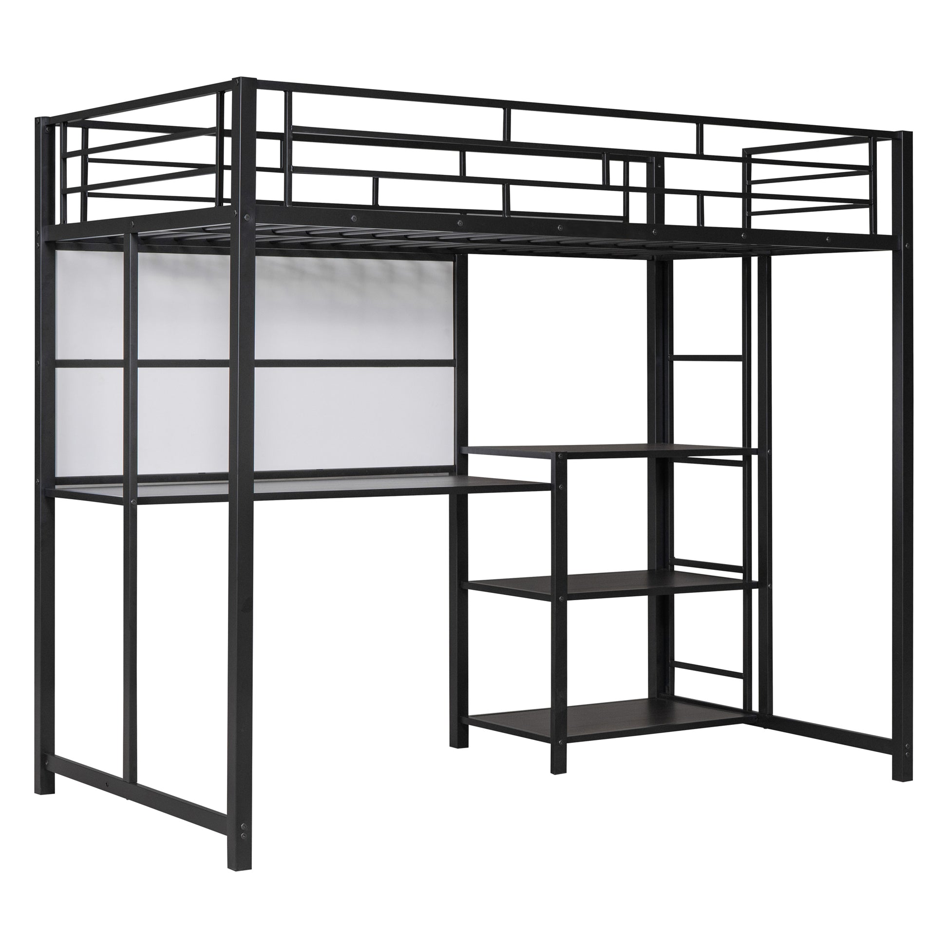 Twin Size Loft Bed With Desk And Whiteboard, Metal Loft Bed With 3 Shelves And Ladder, Black Black Steel