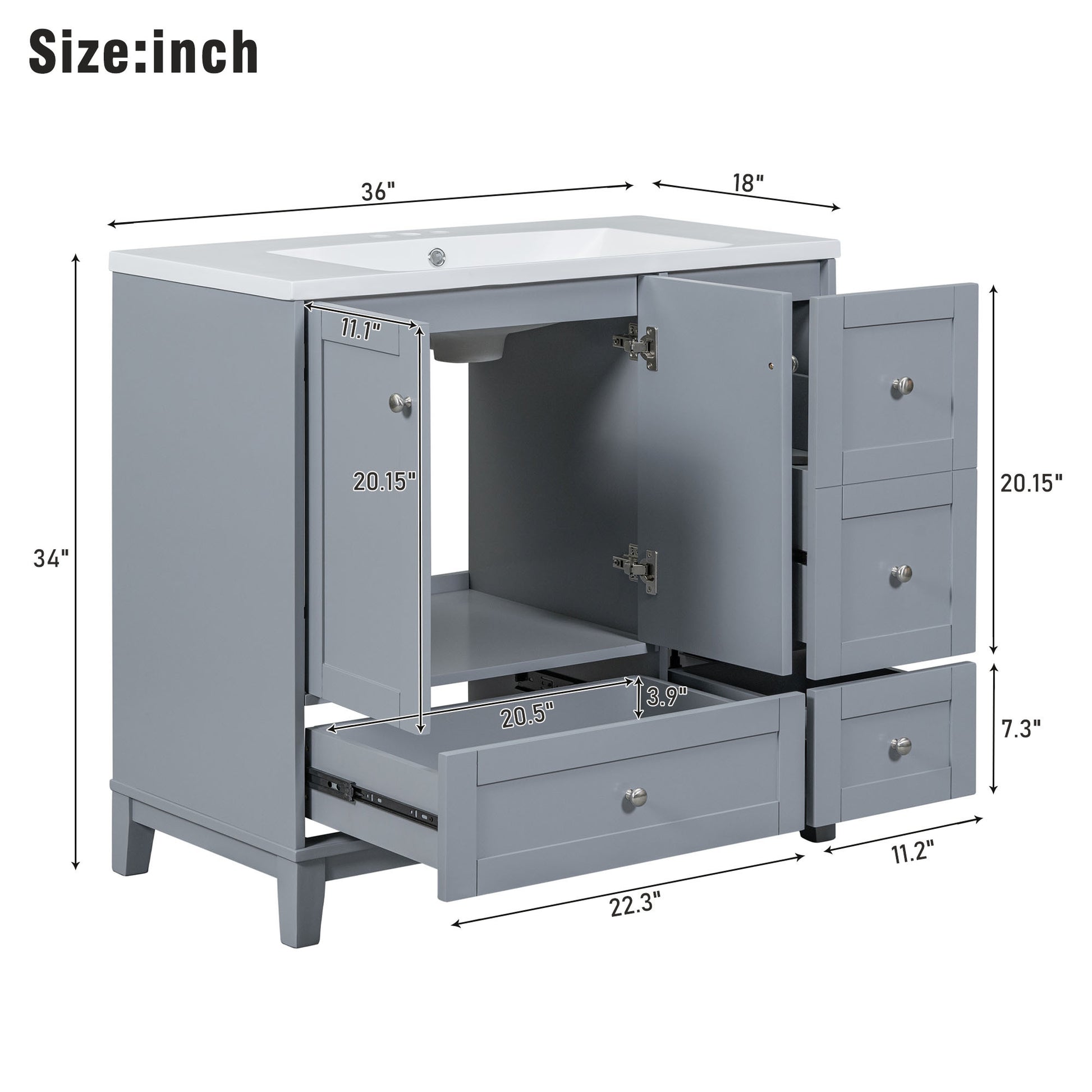 36 Inch Modern Bathroom Vanity With Usb Charging, Two Doors And Three Drawers Bathroom Storage Vanity Cabinet With Single Top, Small Bathroom Vanity Cabinet With Sinkwhite & Gray Blue Faucets Not Grey Solid Wood Mdf Resin