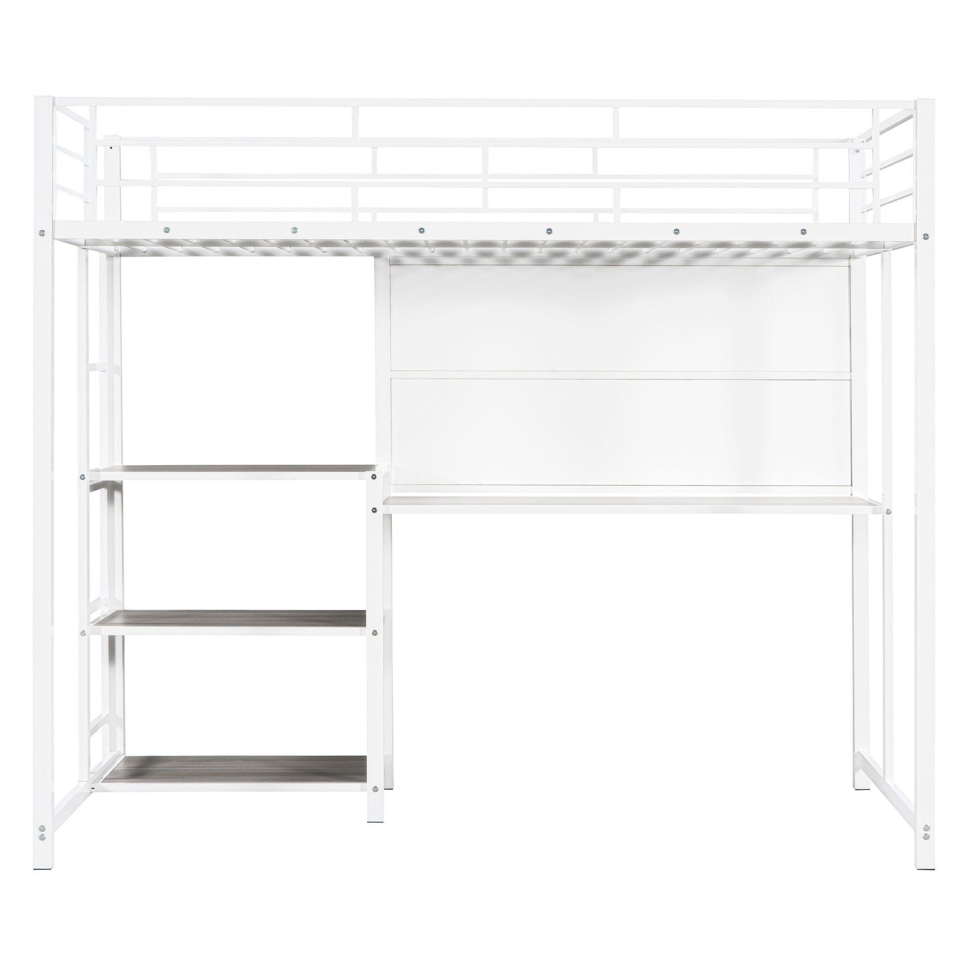 Twin Size Loft Bed With Desk And Whiteboard, Metal Loft Bed With 3 Shelves And Ladder, White White Steel