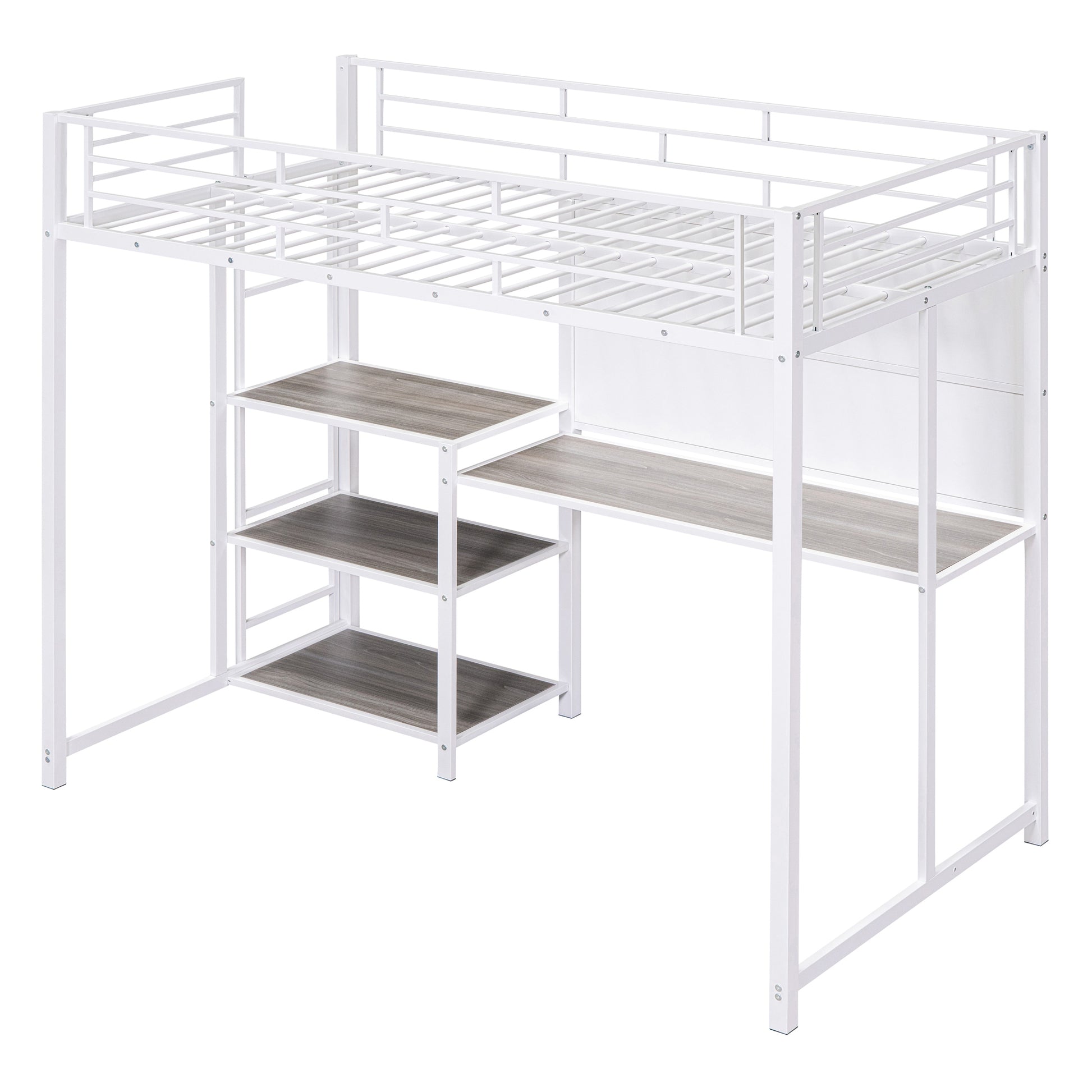 Twin Size Loft Bed With Desk And Whiteboard, Metal Loft Bed With 3 Shelves And Ladder, White White Steel