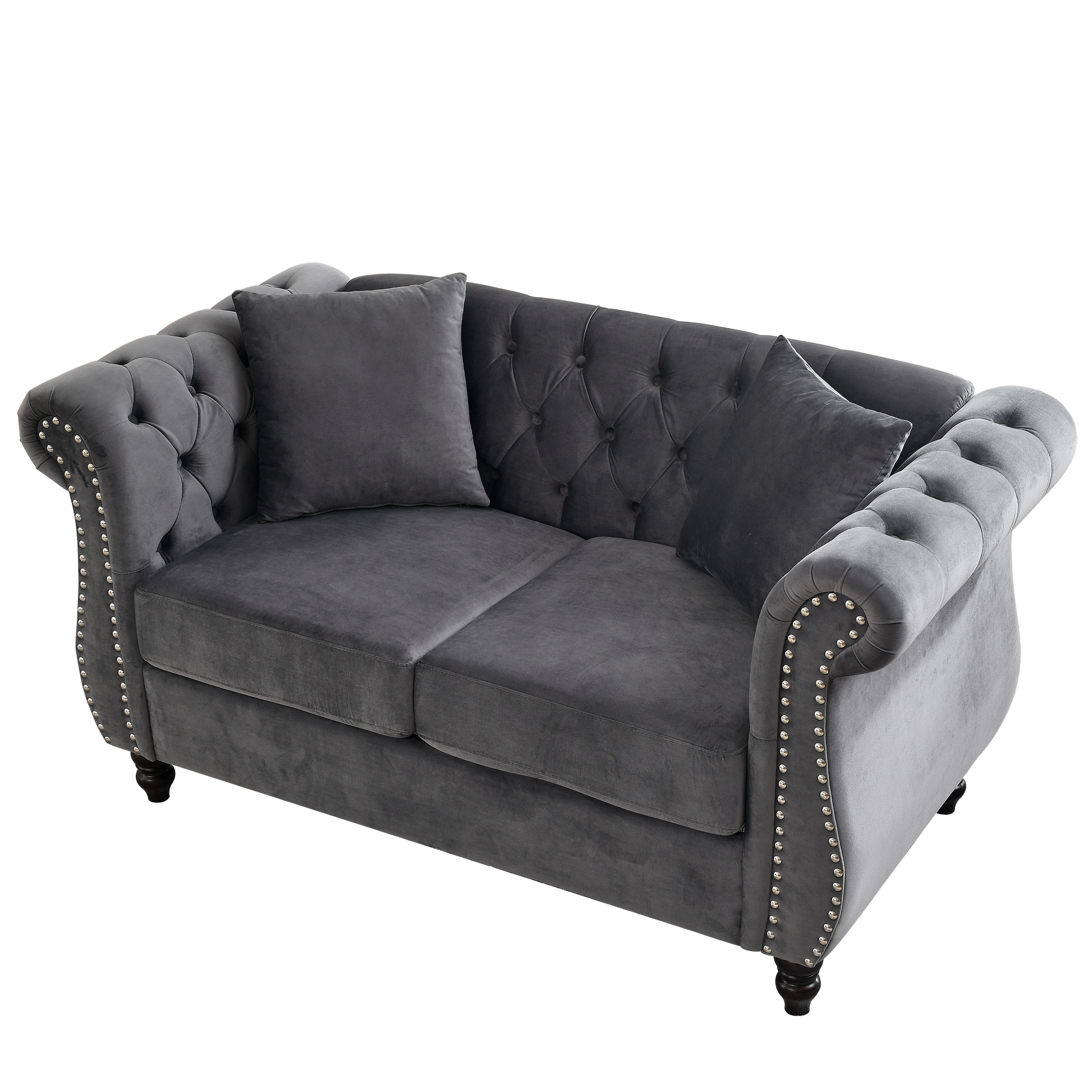 58.8" Chesterfield Sofa Grey Velvet For Living Room, 2 Seater Sofa Tufted Couch With Rolled Arms And For Living Room, Bedroom, Office, Apartment, Two Pillowsw834S00069 Grey Foam Velvet