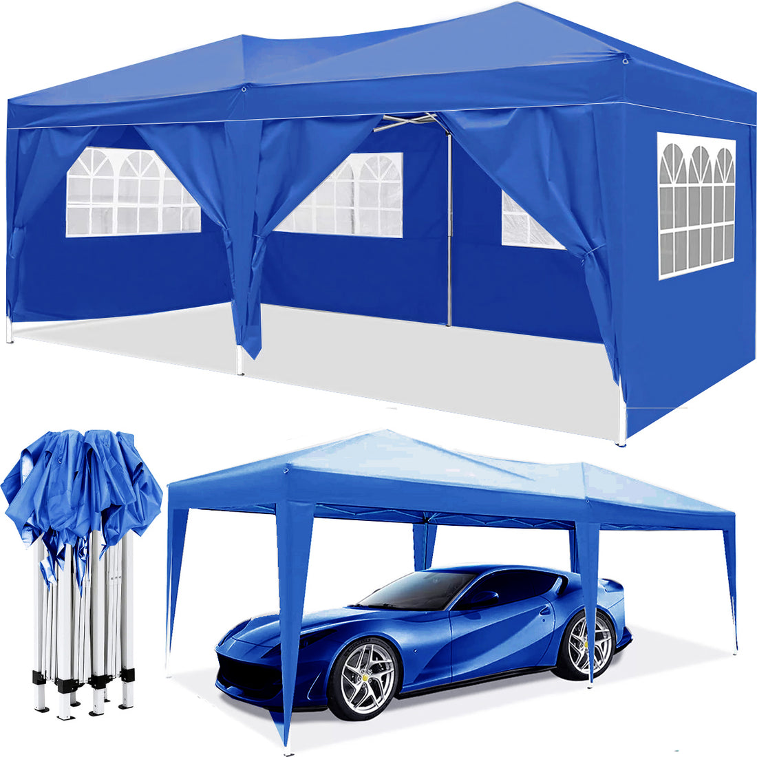 10'X20' Ez Pop Up Canopy Outdoor Portable Party Folding Tent With 6 Removable Sidewalls Carry Bag 4Pcs Weight Bag Blue Metal