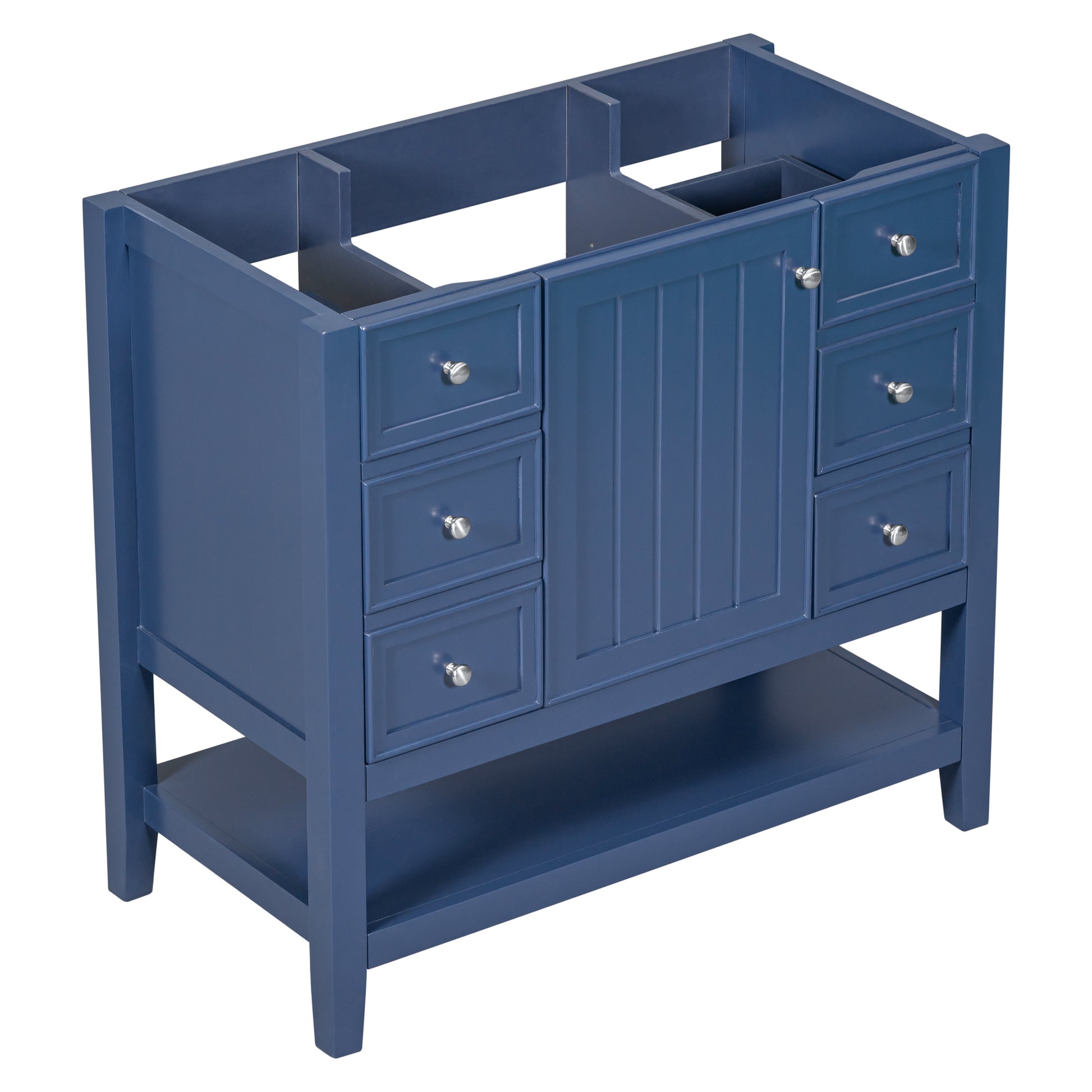 36" Bathroom Vanity Without Sink, Cabinet Base Only, One Cabinet And Three Drawers, Blue Blue Solid Wood Mdf