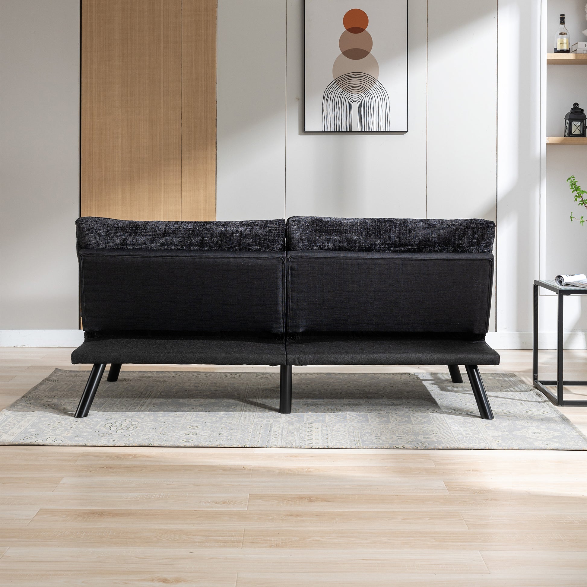 Convertible Sofa Bed Loveseat Futon Bedadjustable Lounge Couch With Metal Legs,Futon Sets For Compact Living Space Chenille Black Upholstered